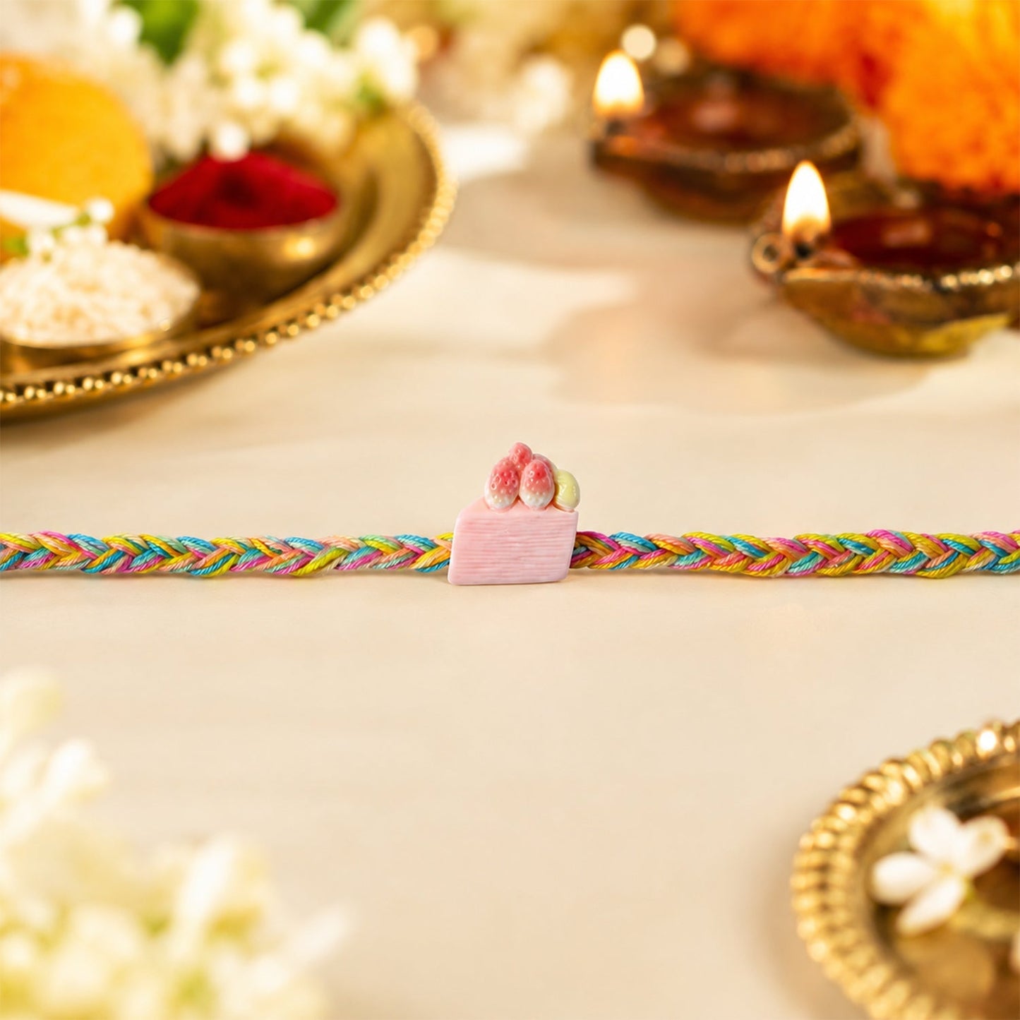 Close-up of Strawberry Cake Charm on traditional rakhi with modern design