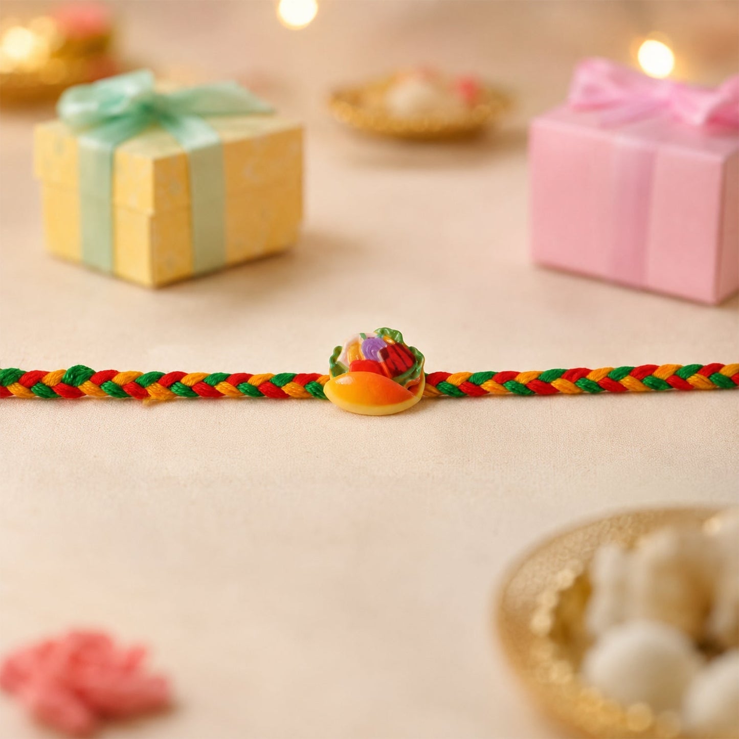 Side view of the colourful Dori Rakhi, highlighting its thread work.