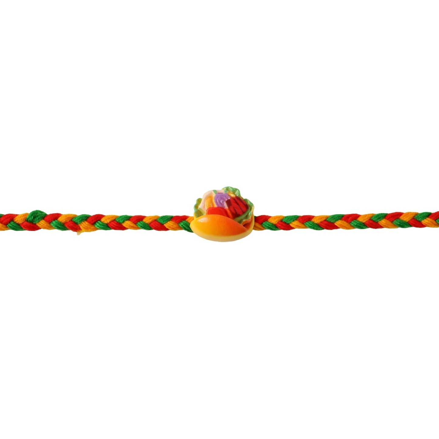 Finishing details of the colourful fruit Dori Rakhi.