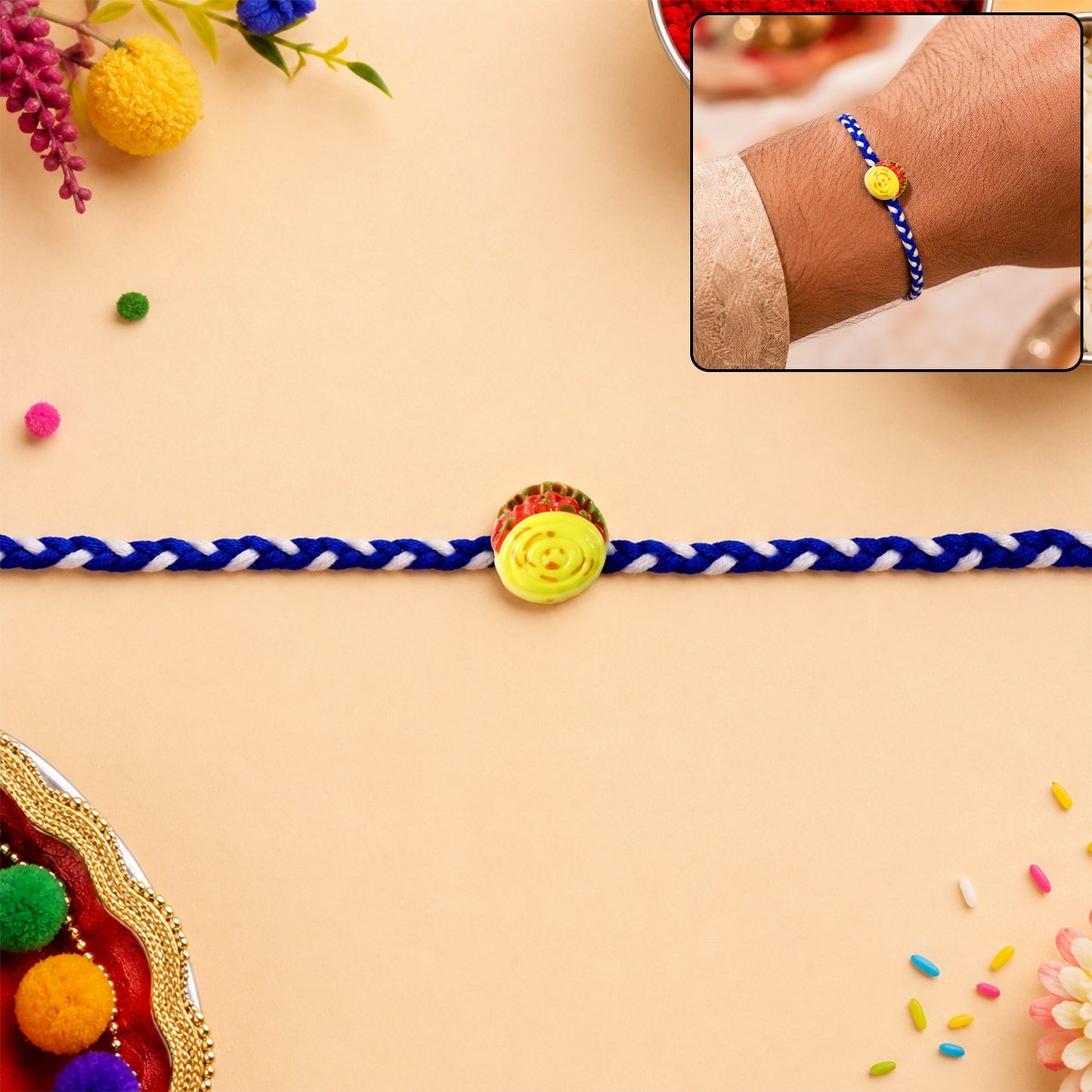 Yellow Sweet Dessert Dori Rakhi with intricate design