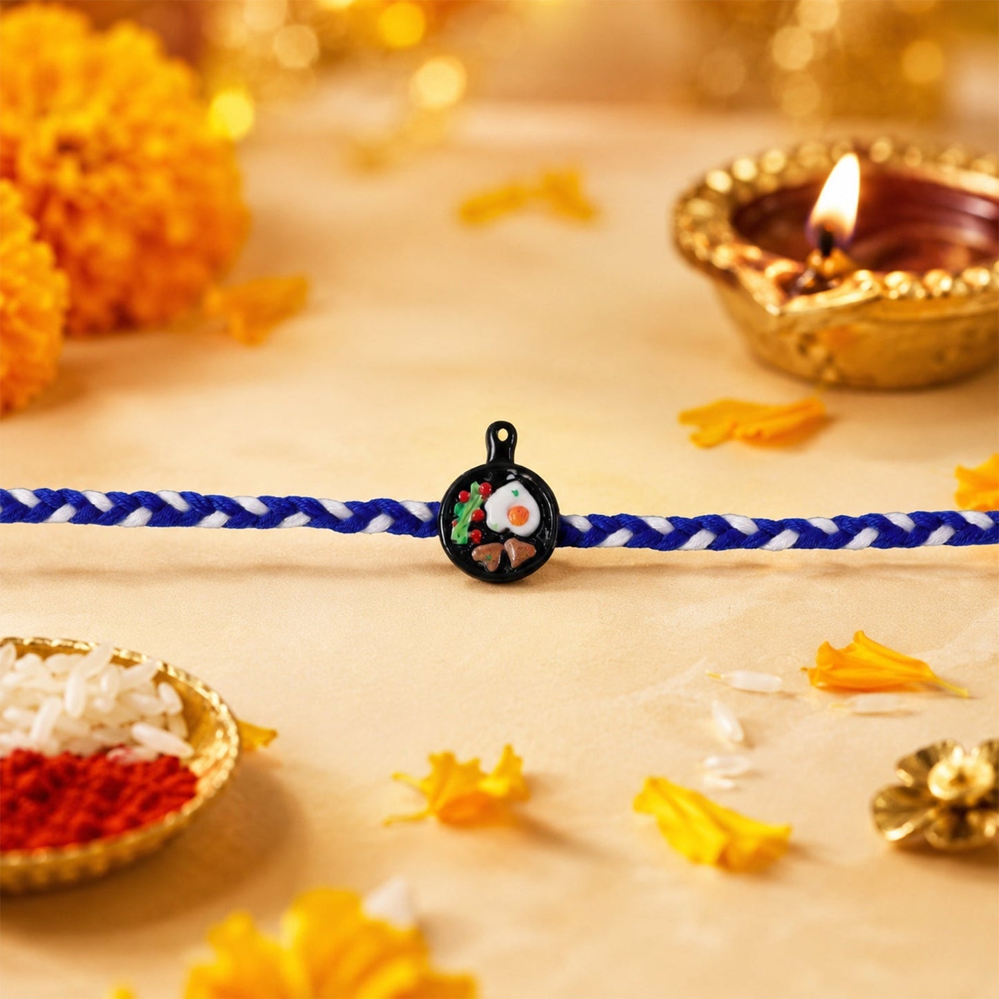 Close-up of rakhi thread detail in mini frying pan design