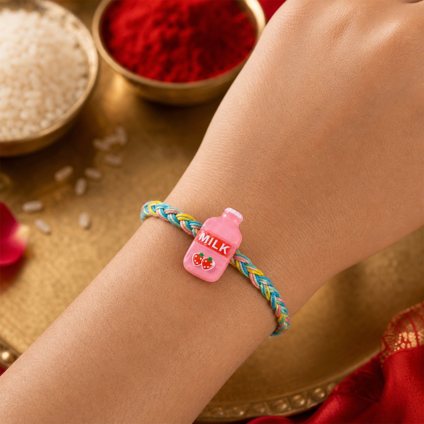 Close-up of Milk Bottle Rakhi showing intricate detailing