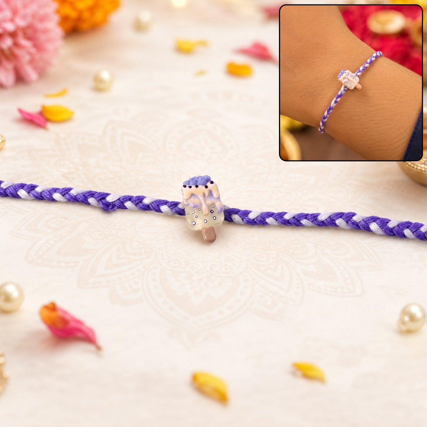 Close-up of the charming ice cream motif on the fancy dori rakhi.
