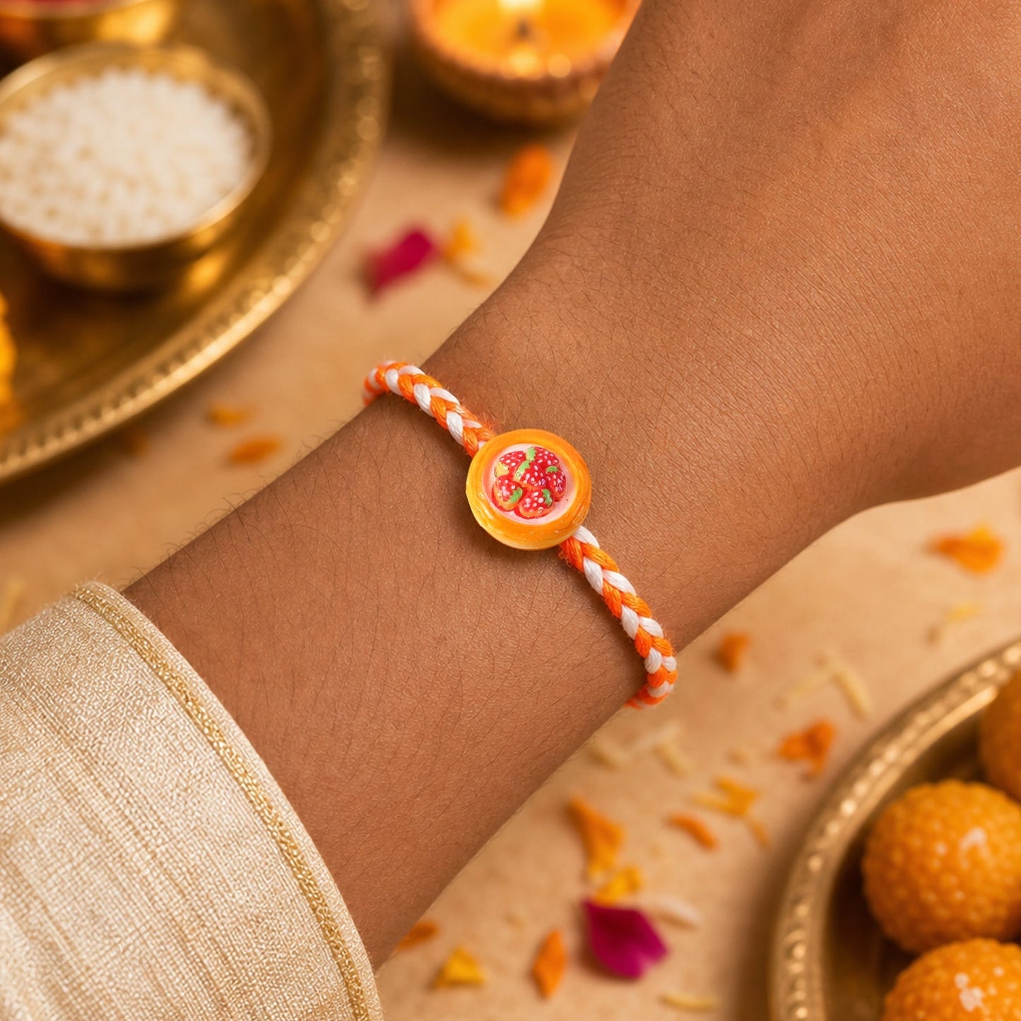 Top view of stylish strawberry dessert rakhi for brother