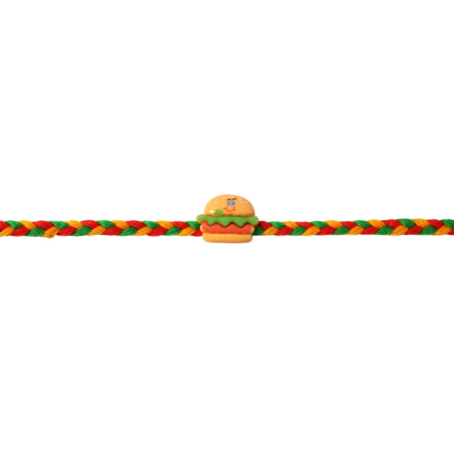 Festive presentation of Burger Charm Rakhi for Raksha Bandhan.
