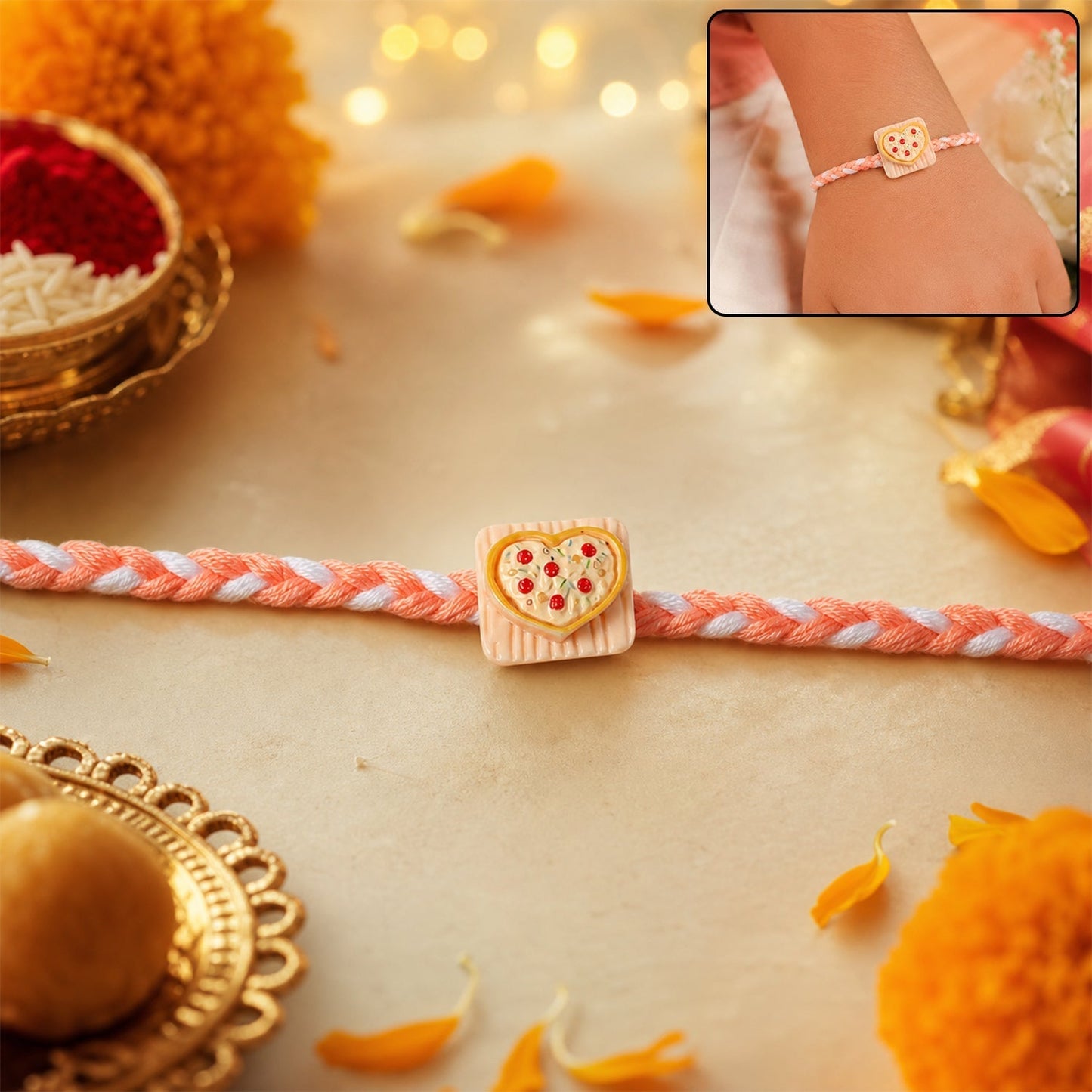 Heart Pizza Charm Fancy Dori Rakhi with traditional and festive appeal