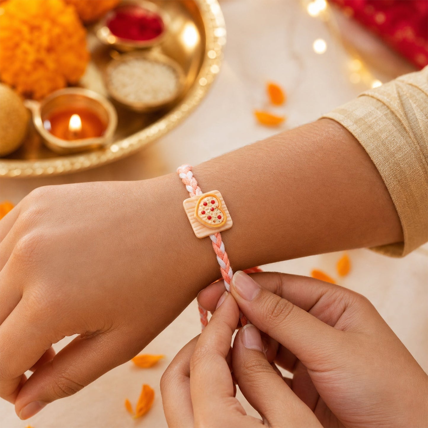 Close-up of the heart pizza motif on the Rakhi, highlighting design detail