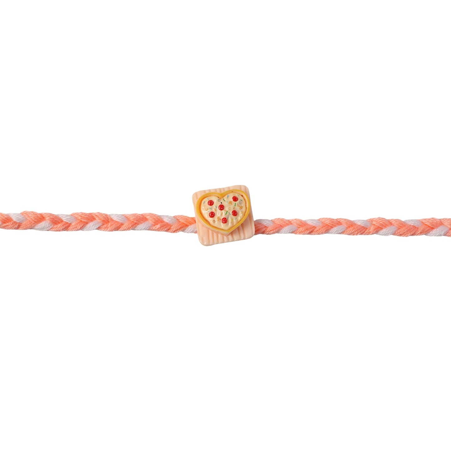 Close-up of the thread and heart pizza charm on the Rakhi