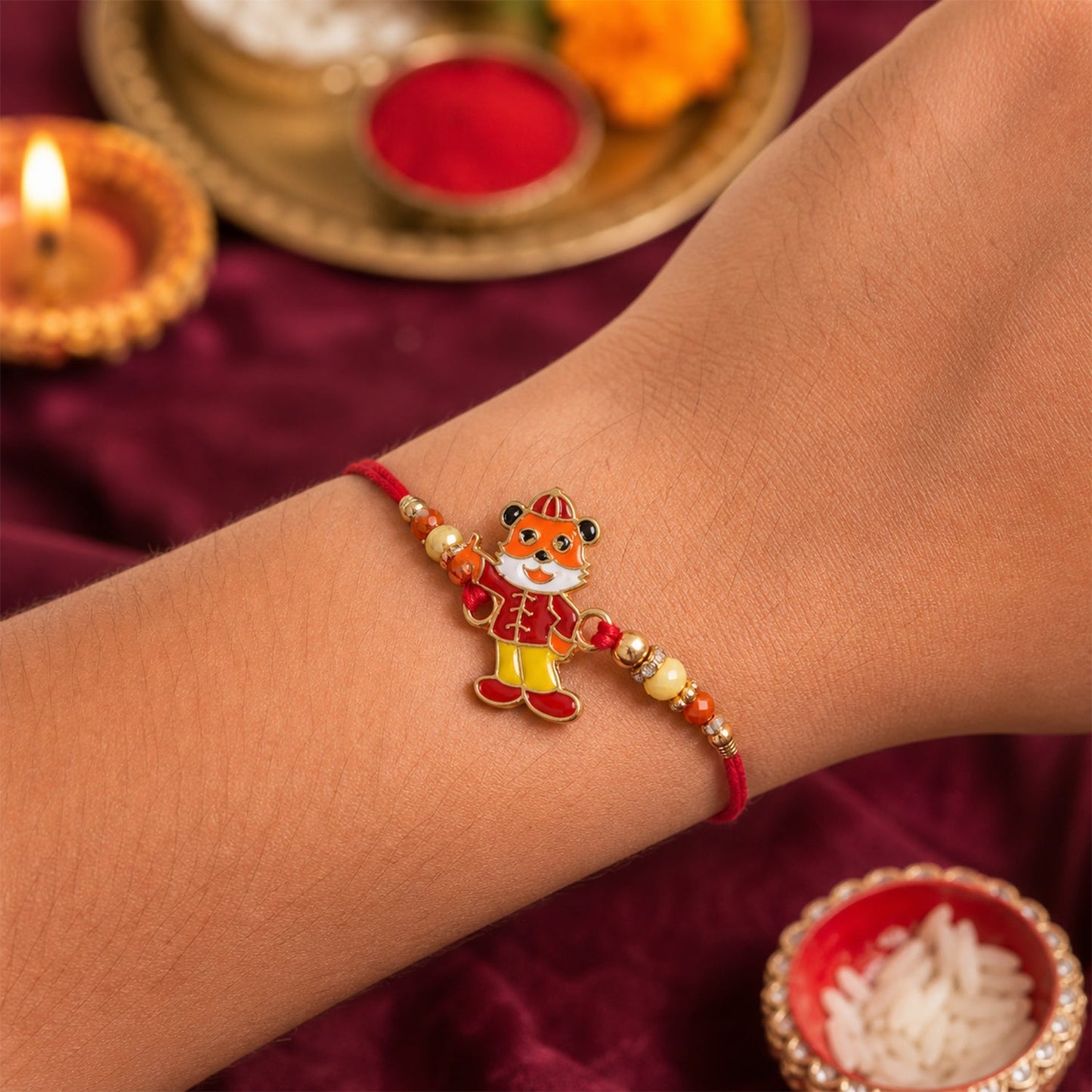 Close-up of colorful charm rakhi with beads and neat thread work