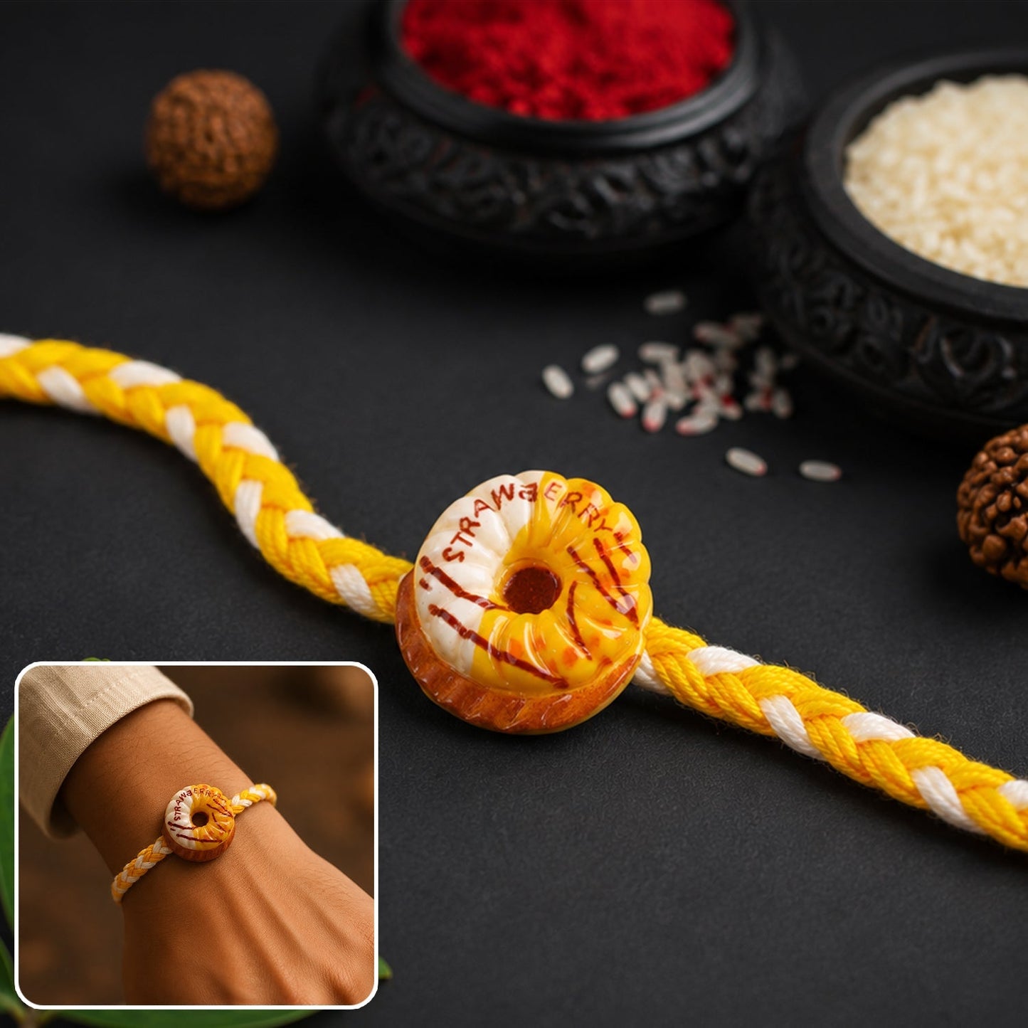 Close-up of donut charm fancy dori rakhi with festive design