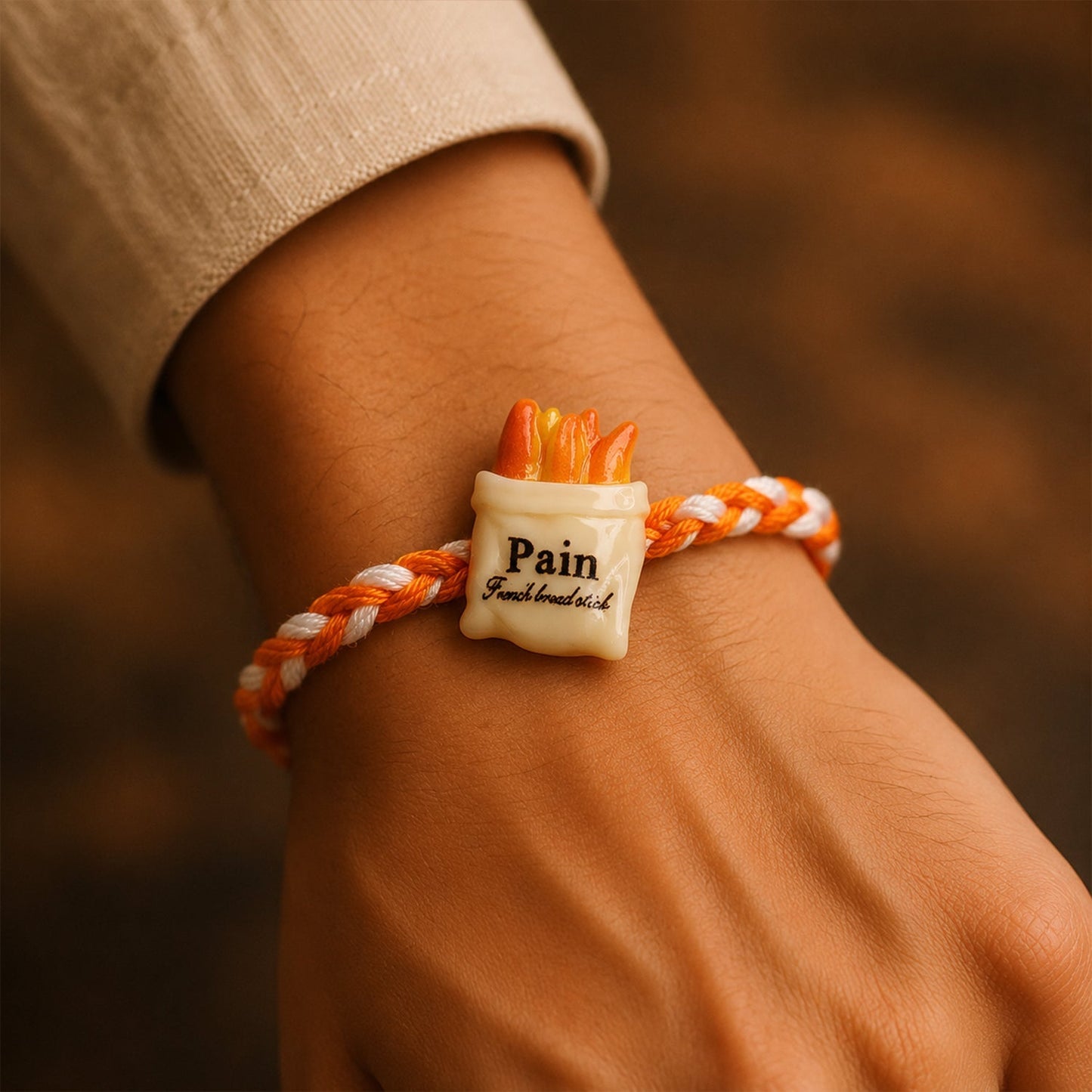 Designer rakhi with food-themed charm on dori thread, festive style