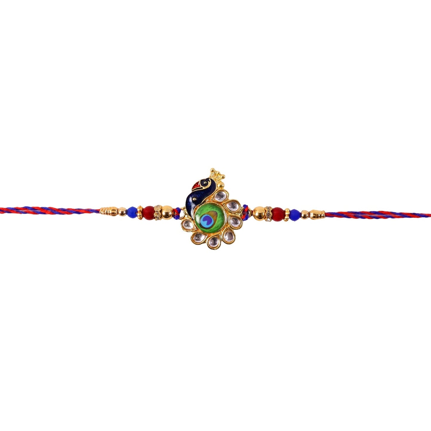 Top view of stylish Peacock Feather bead rakhi