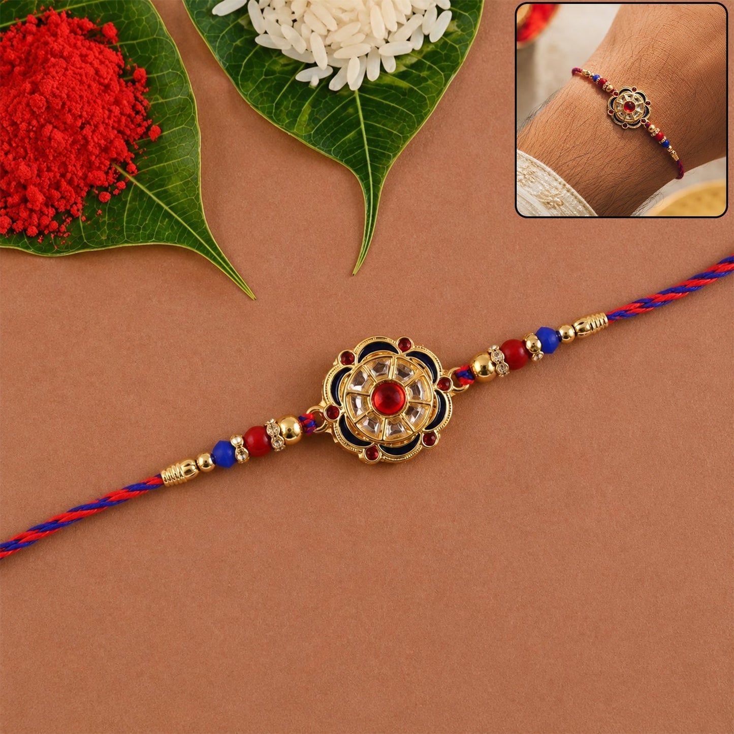 Elegant floral rakhi with bead accents on white background