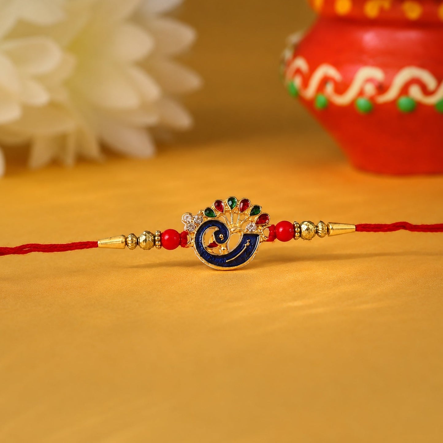 Close-up of intricate peacock charm on red bead Rakhi