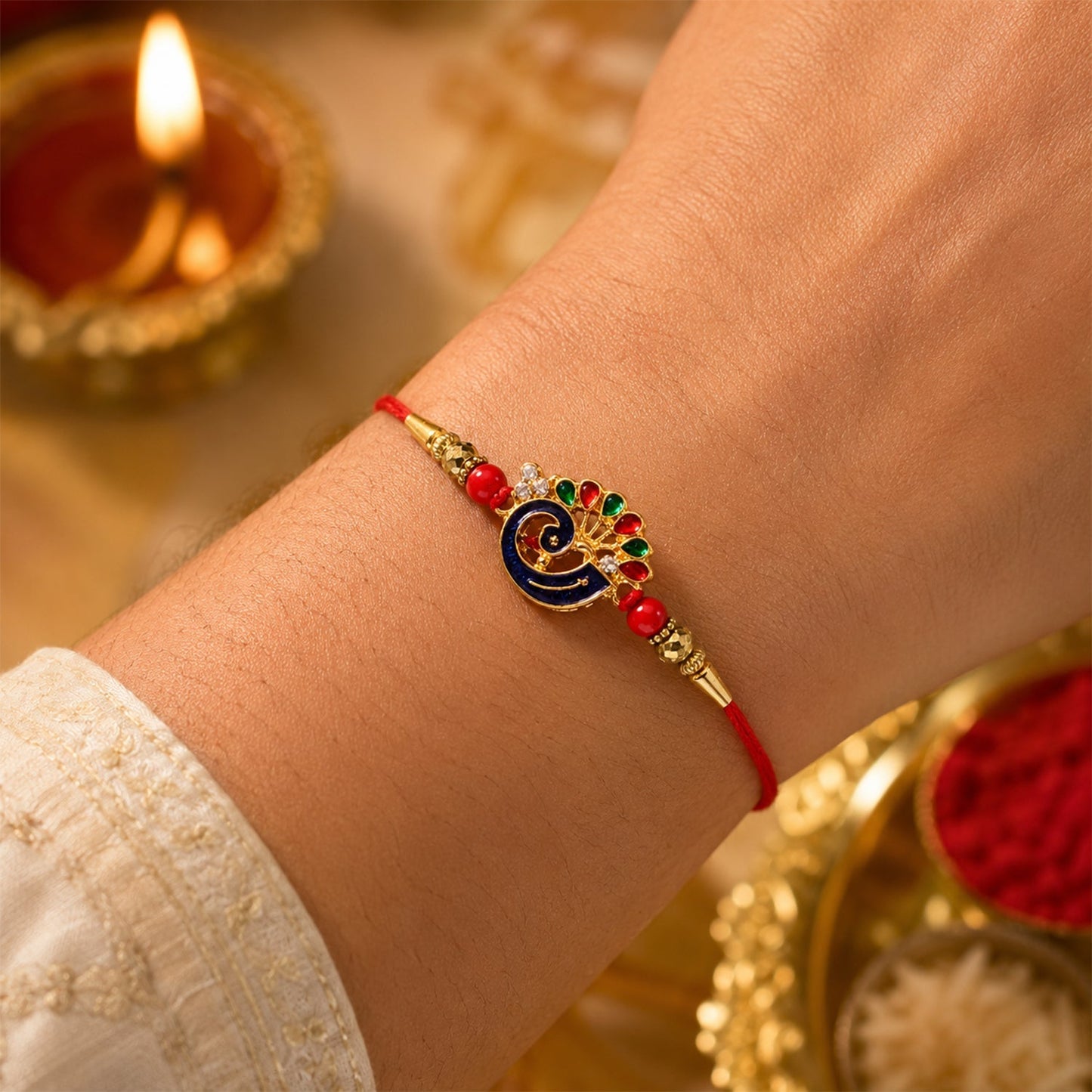 Colorful peacock charm Rakhi with string detail