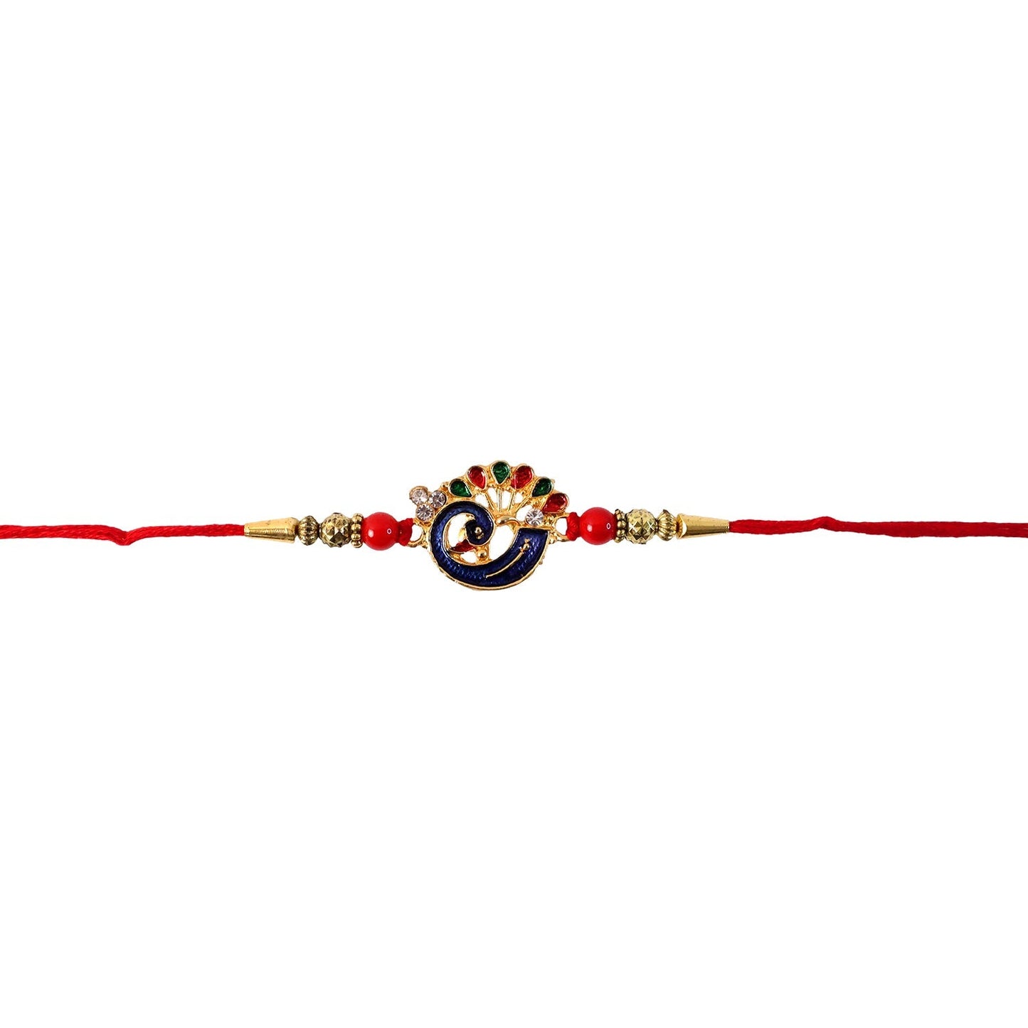 Top view of vibrant peacock charm Rakhi with beads
