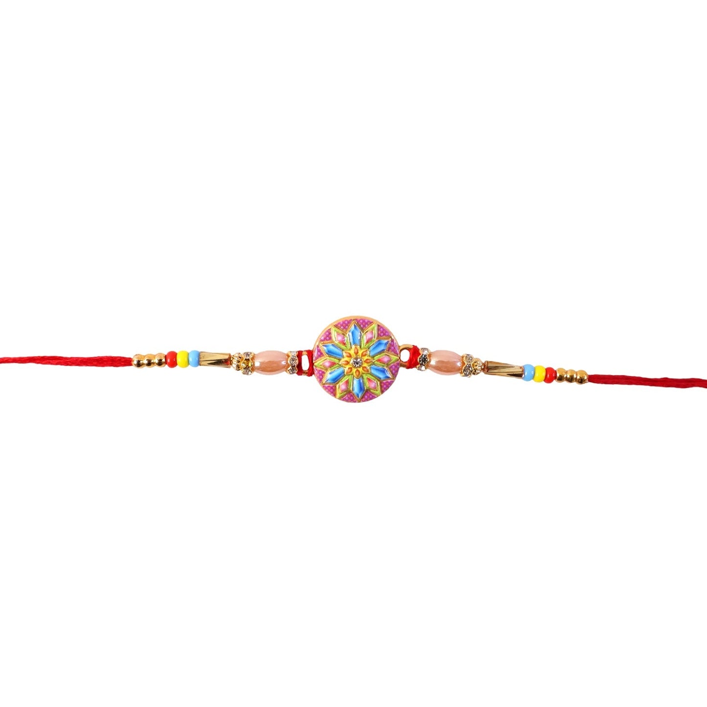 Traditional and vibrant colorful rakhi with round meenakari charm