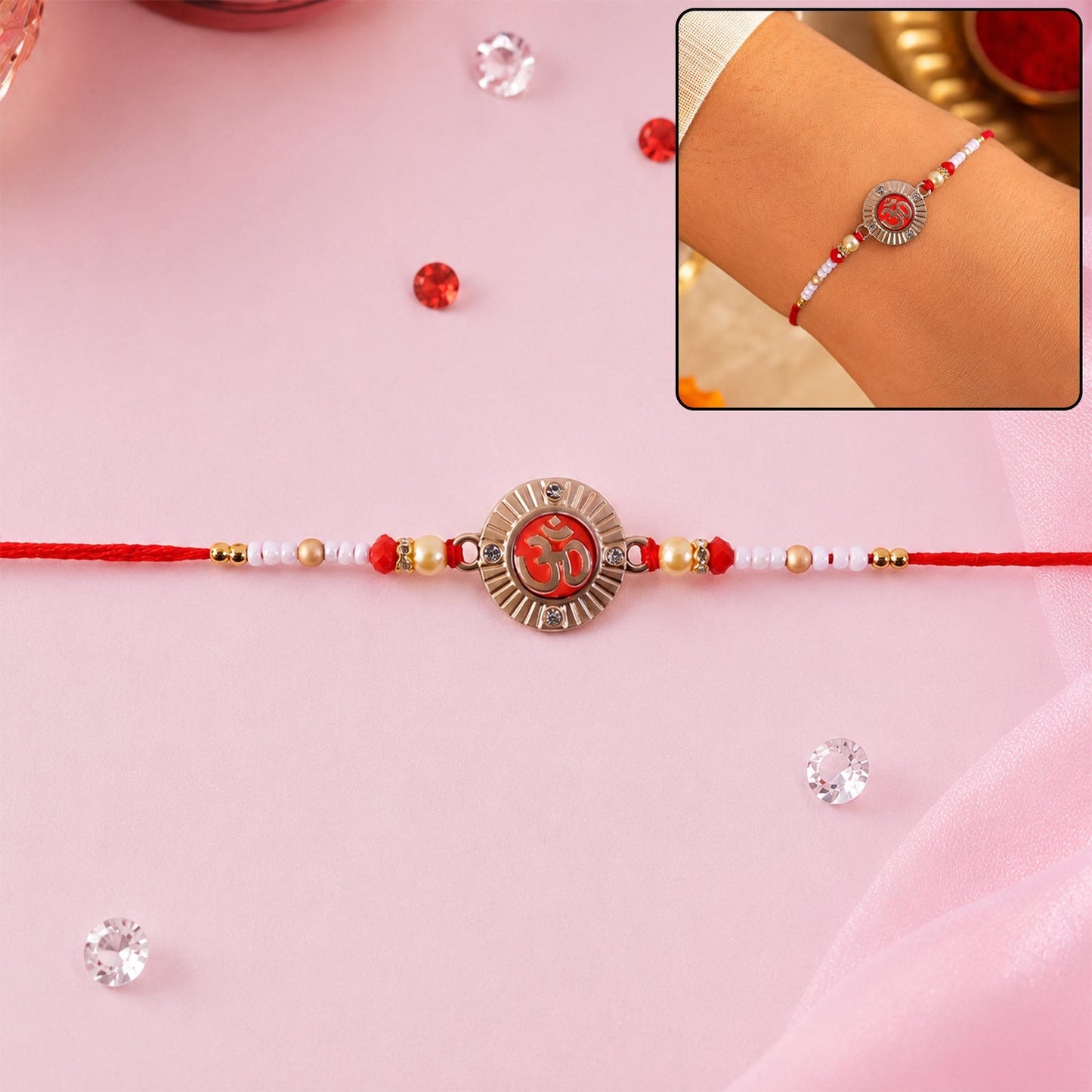 Om Round Charm Rakhi with Pearl Beads top view