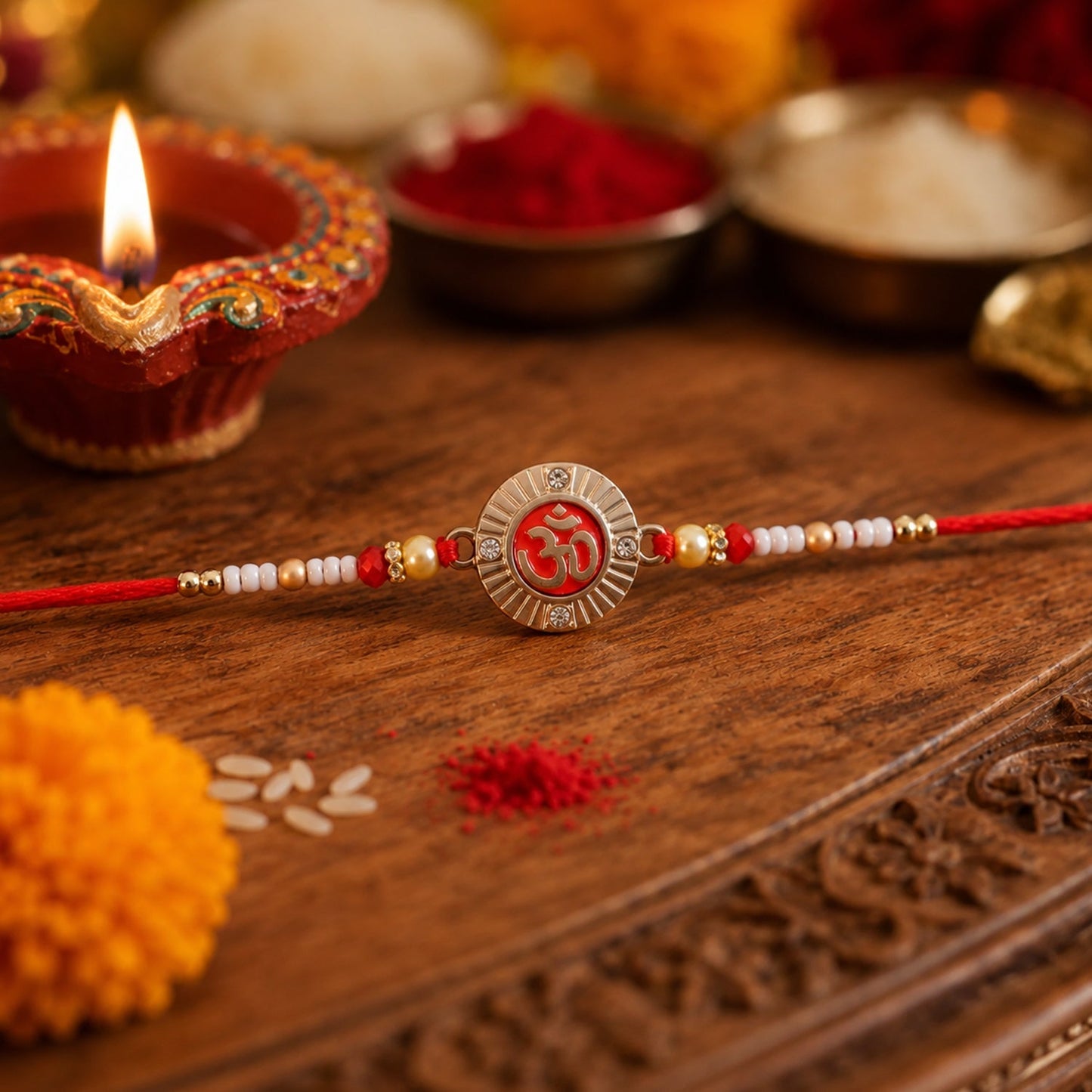 Close-up of Om charm and pearl beads on rakhi