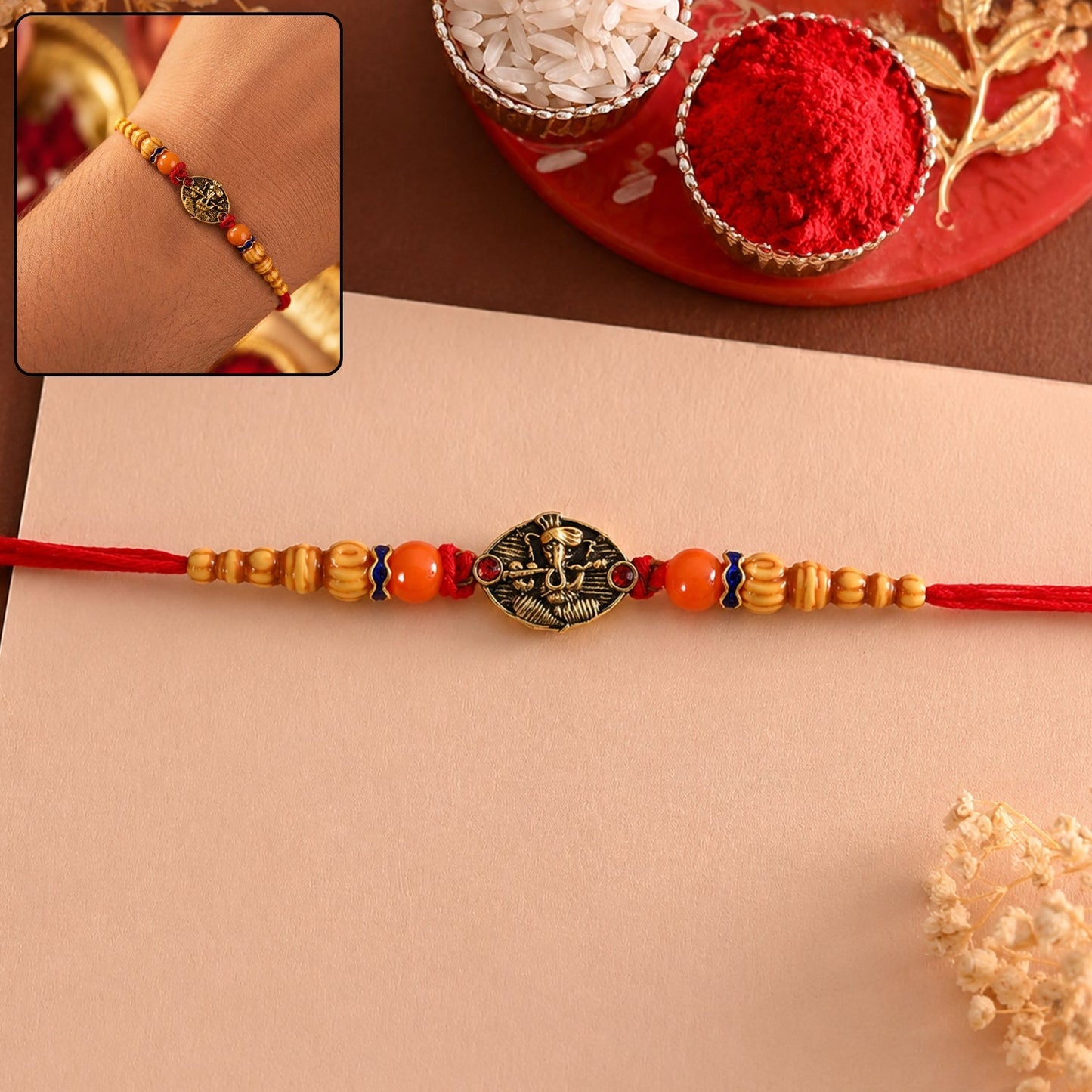 Front view of antique divine charm wooden beads Rakhi