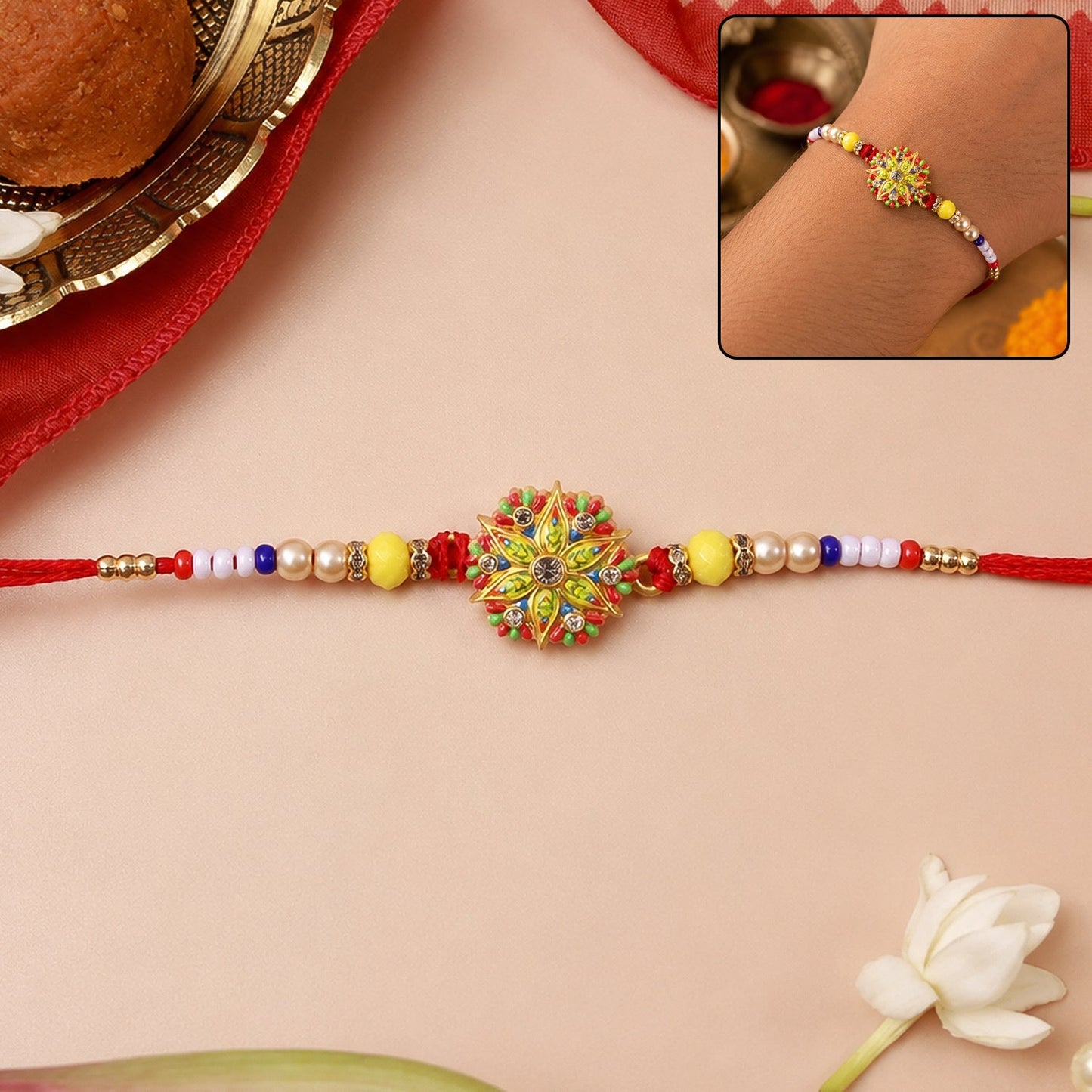 Close-up of Star Flower Beaded Rakhi with intricate beadwork