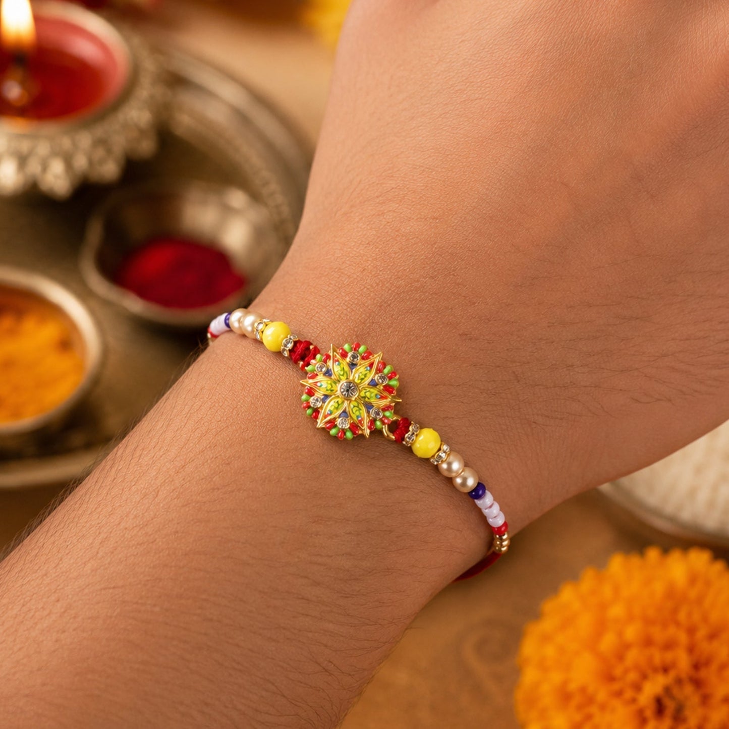 Side view of Star Flower Rakhi showing beaded details