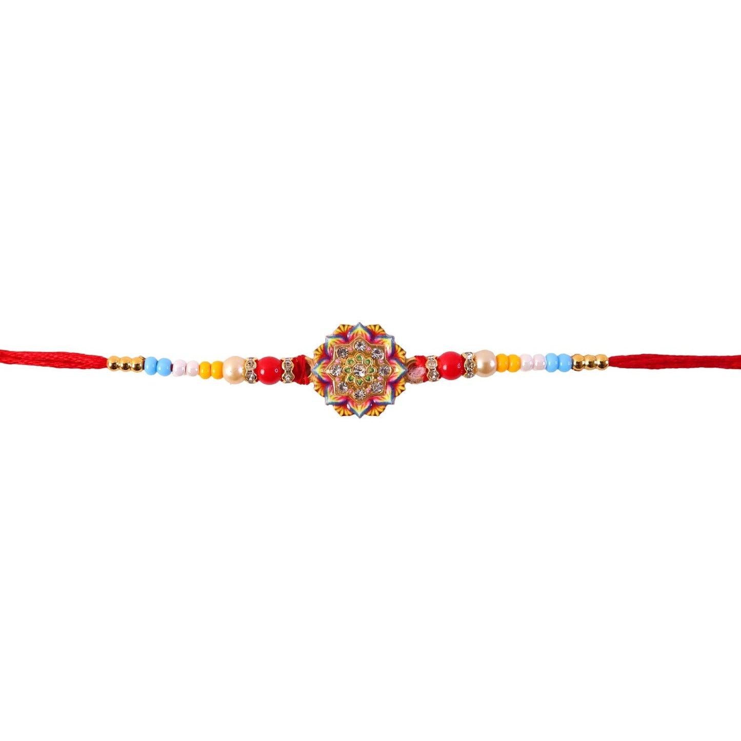 Detail of pearl beads and stone charm on Rakhi