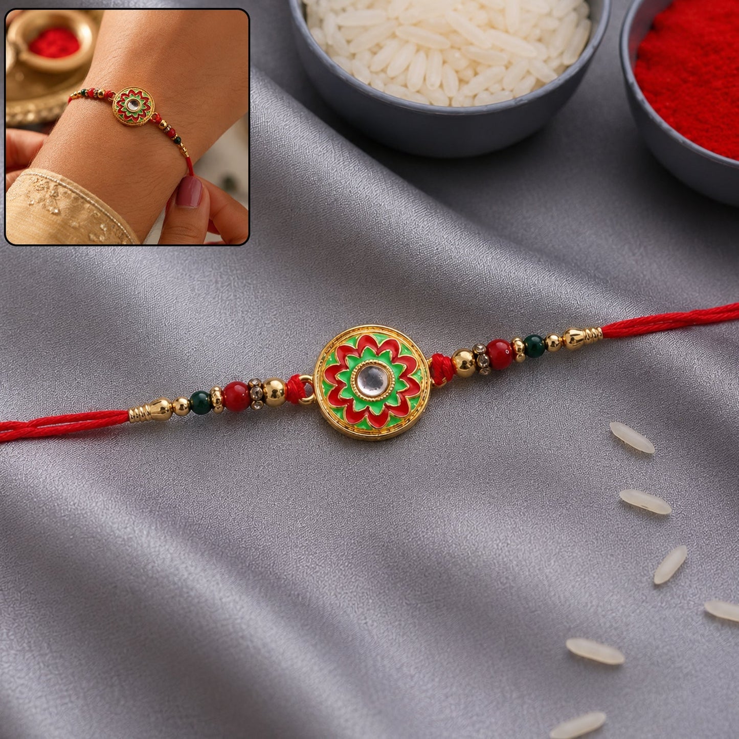 Main view of colorful Meena flower round charm rakhi with beads