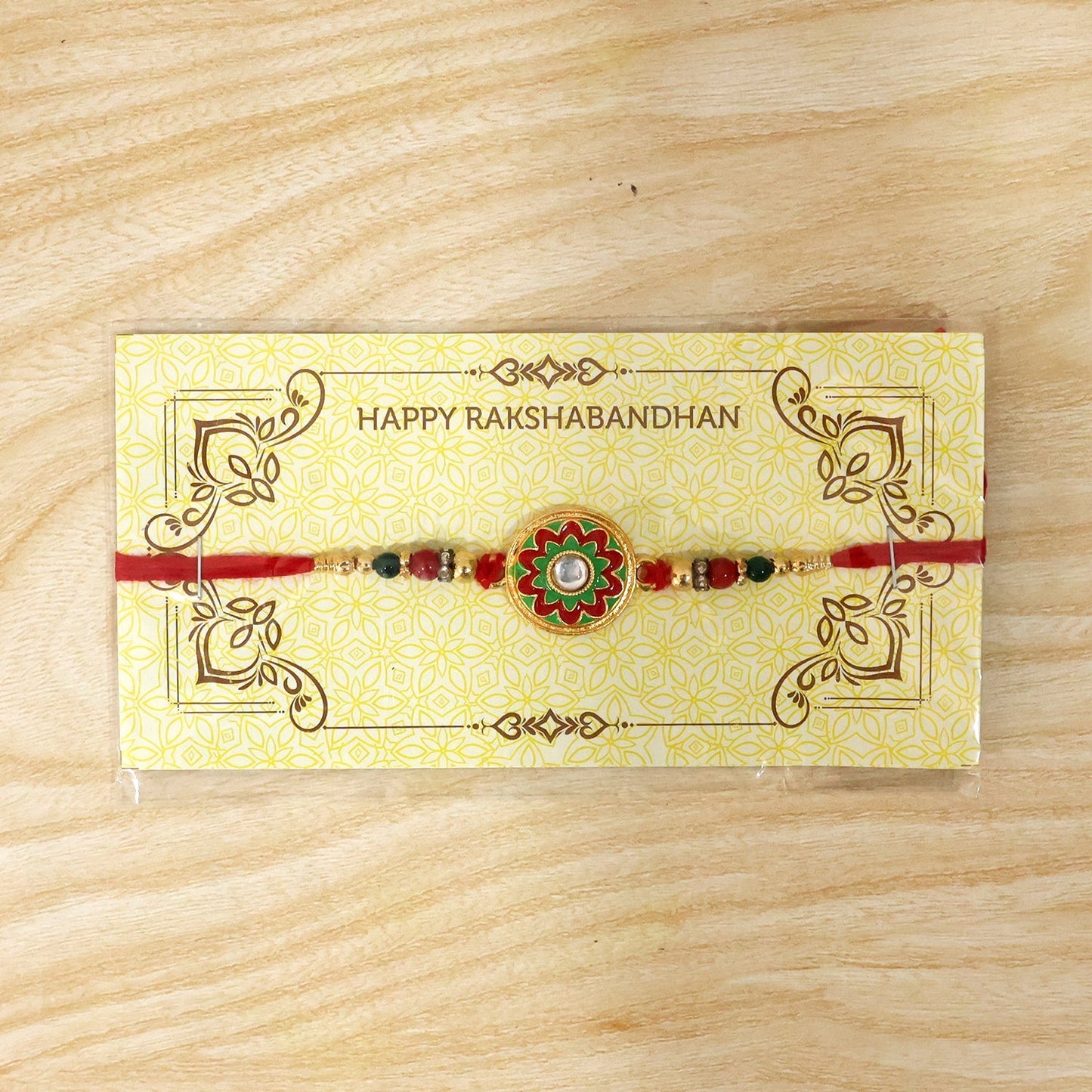 Multi-angle views of colorful Meena flower charm rakhi with beads