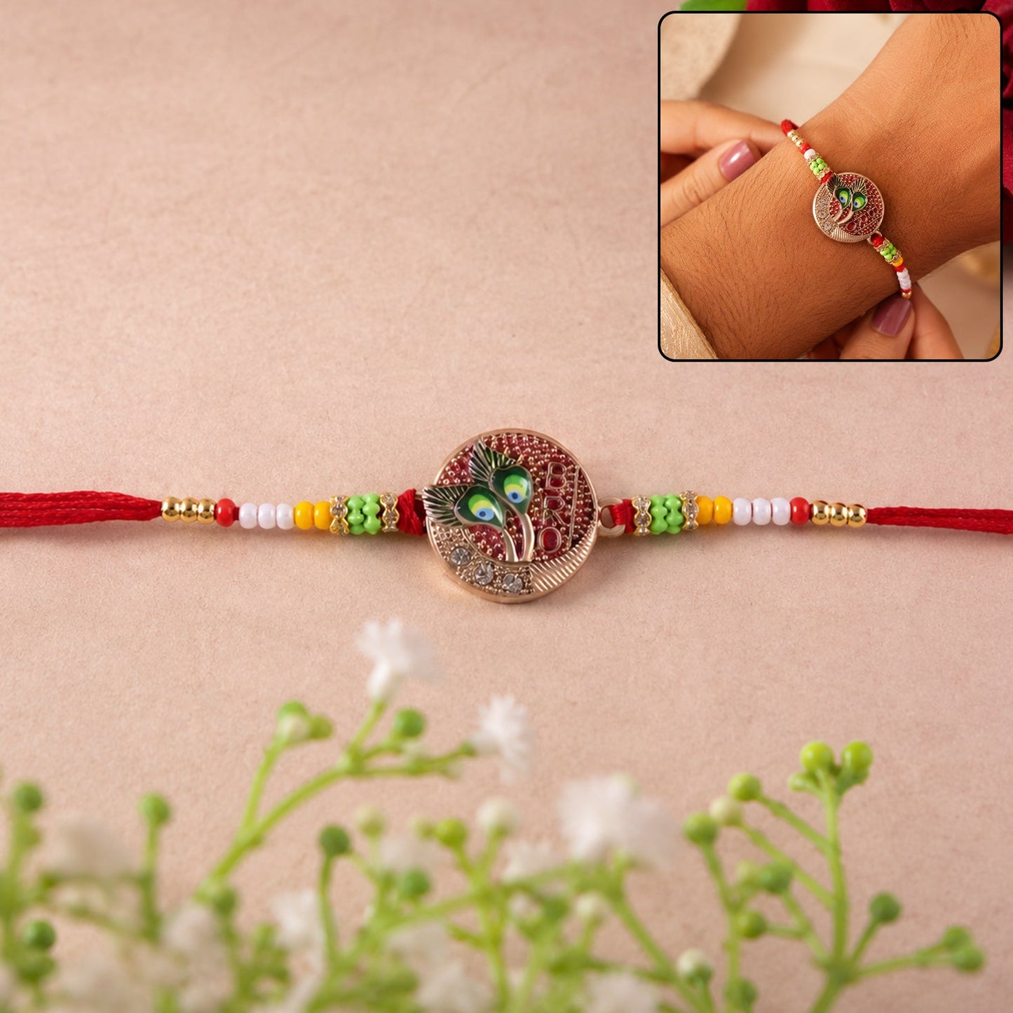Peacock feather round charm beaded rakhi on white background