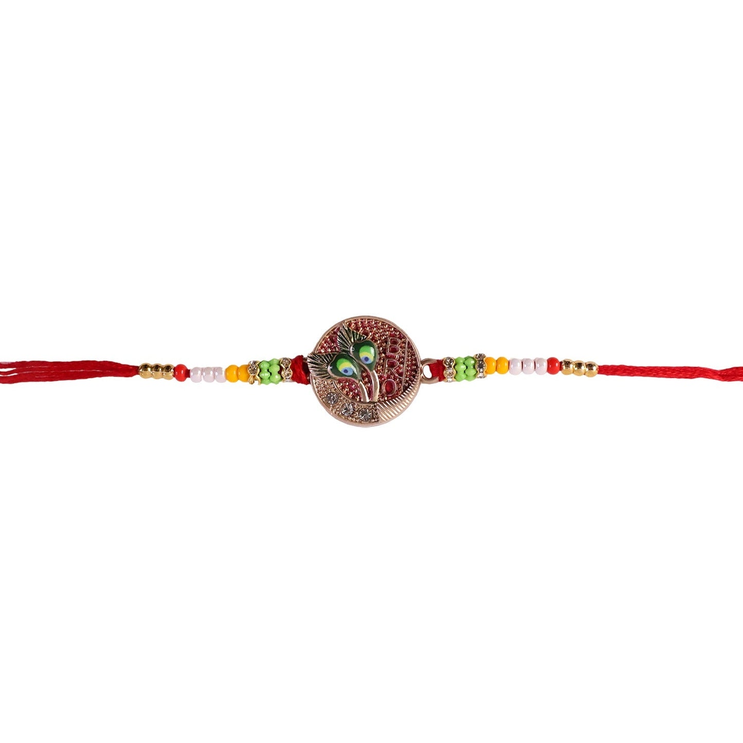 Beaded rakhi with peacock feather charm tied on wrist
