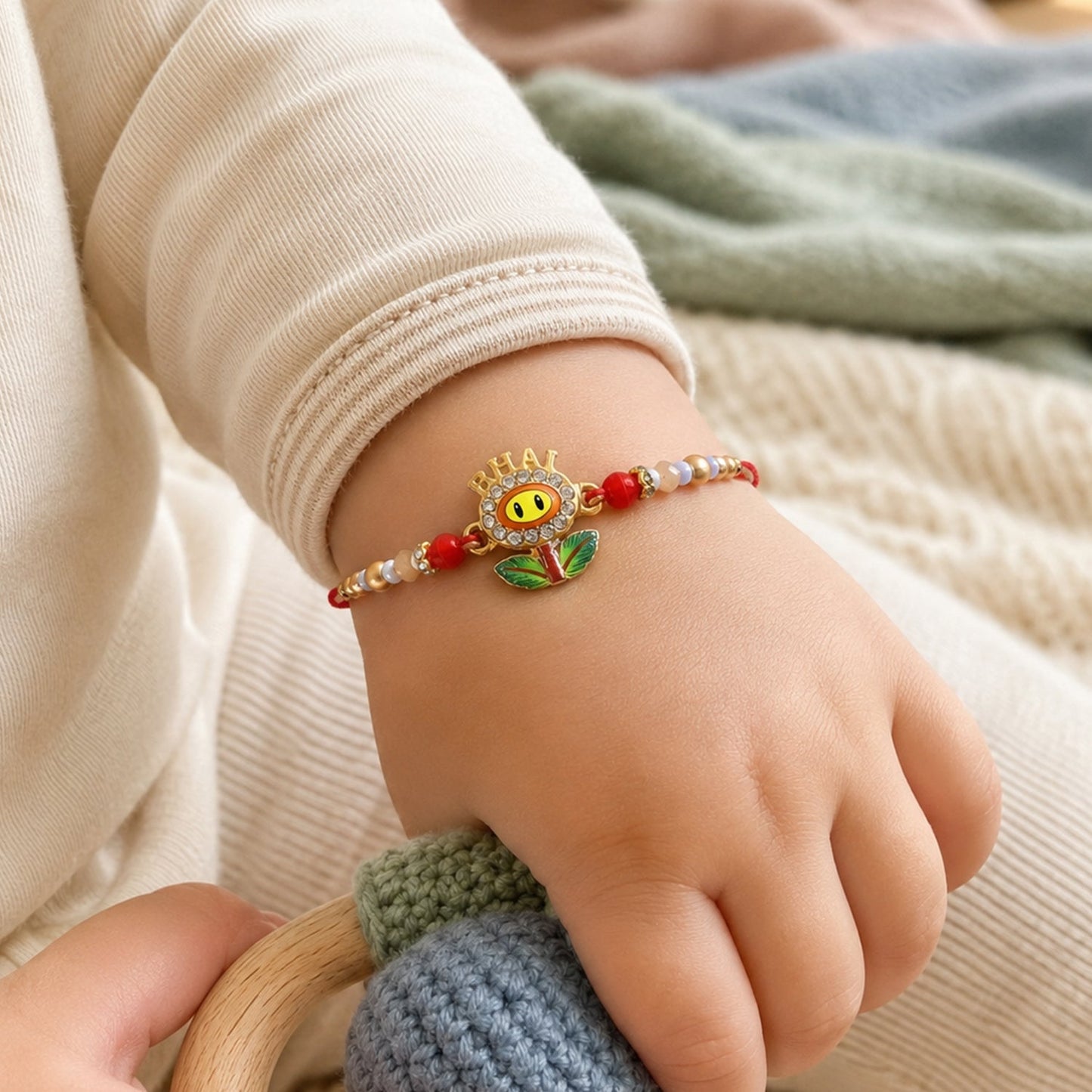 Side view of Smiley Flower Charm Beads Rakhi showing intricate design