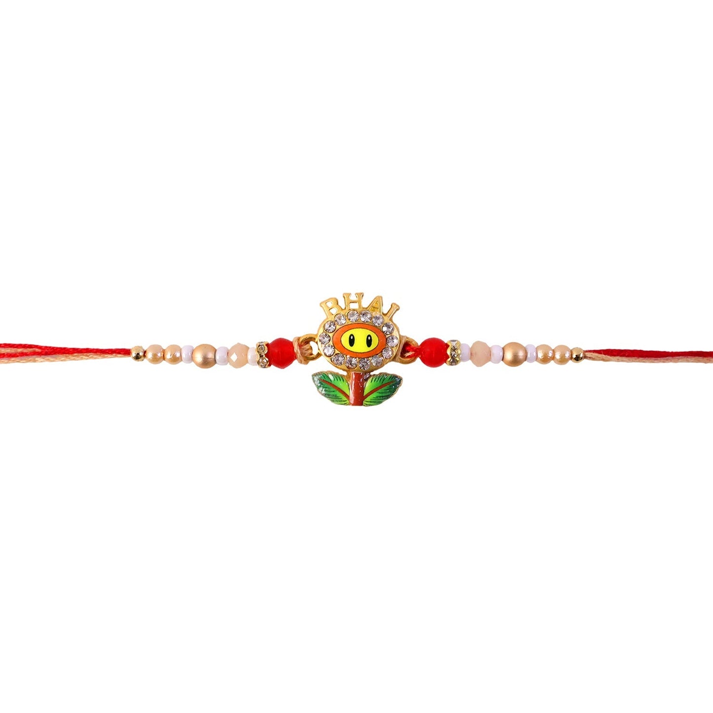 Rakhi tied on wrist featuring Smiley Flower Charm with beads