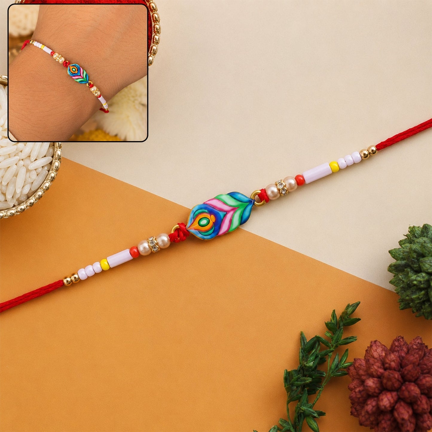 Colorful beaded rakhi with peacock feather charm, ideal for brothers during Raksha Bandhan