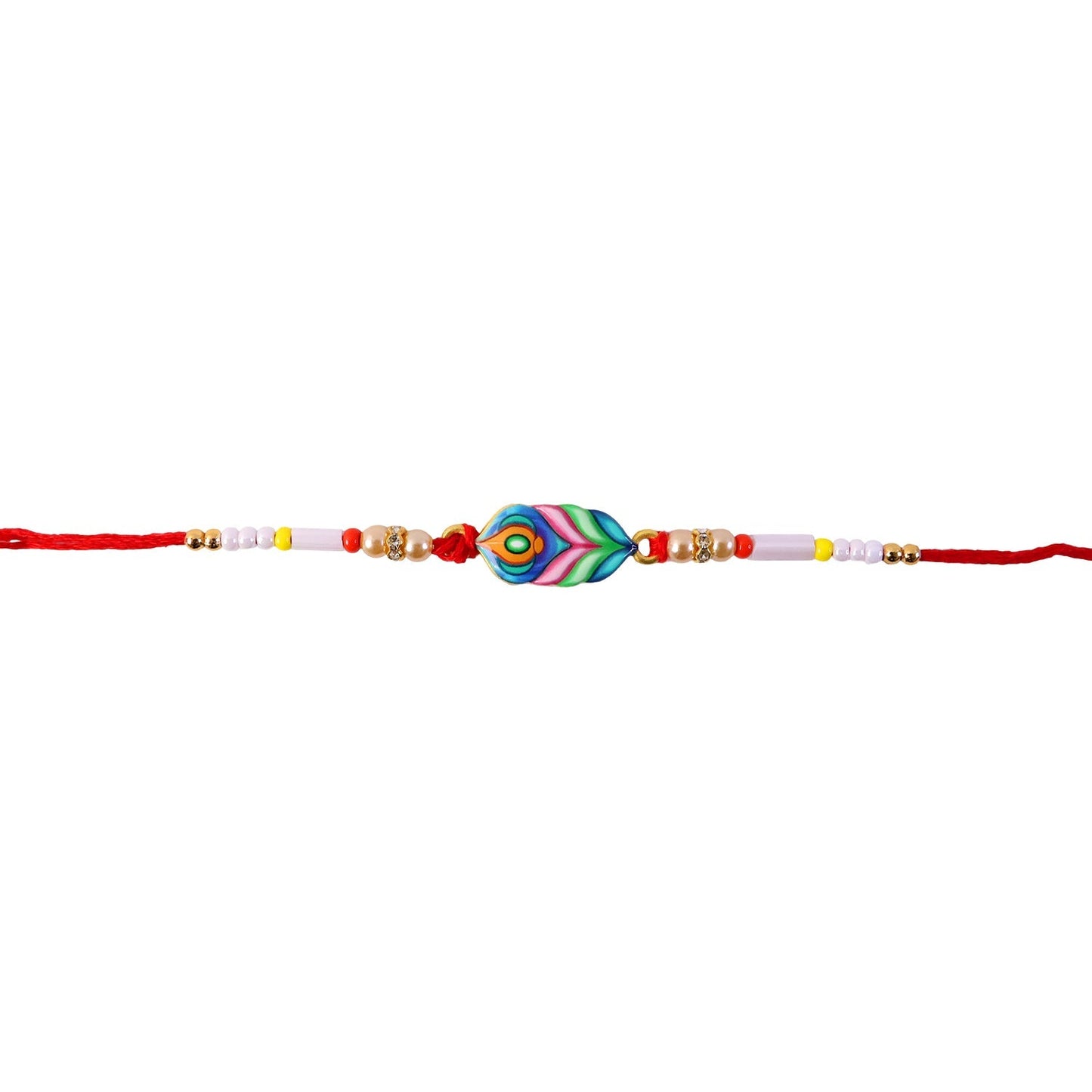 Top angle of stylish Mor Pankh rakhi for brothers with vibrant beads