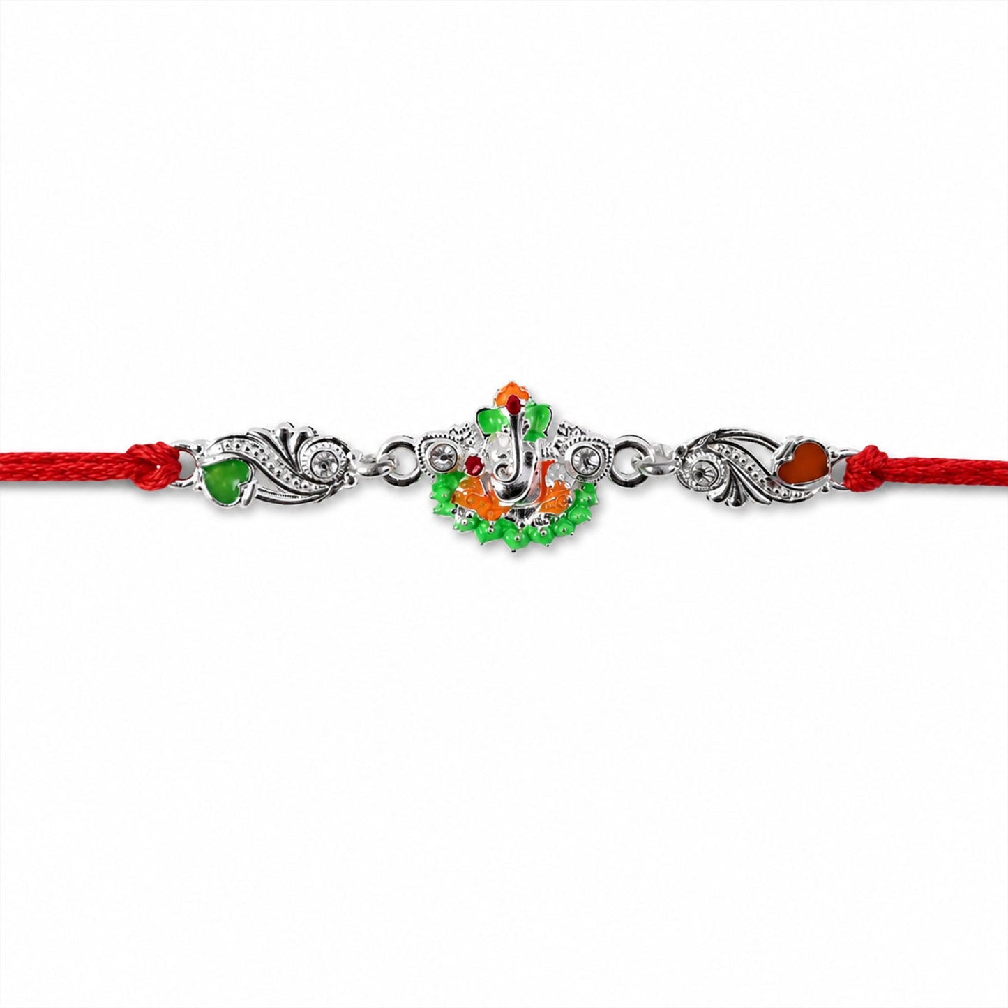 Detailed view of silver Ganesh charm on red dori rakhi