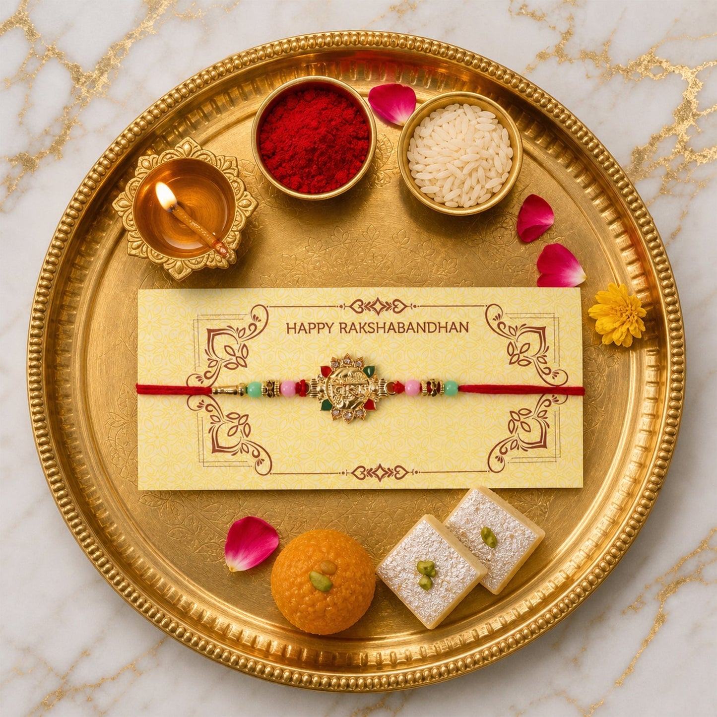 Top view of Veera Charm Beaded Rakhi highlighting charm design