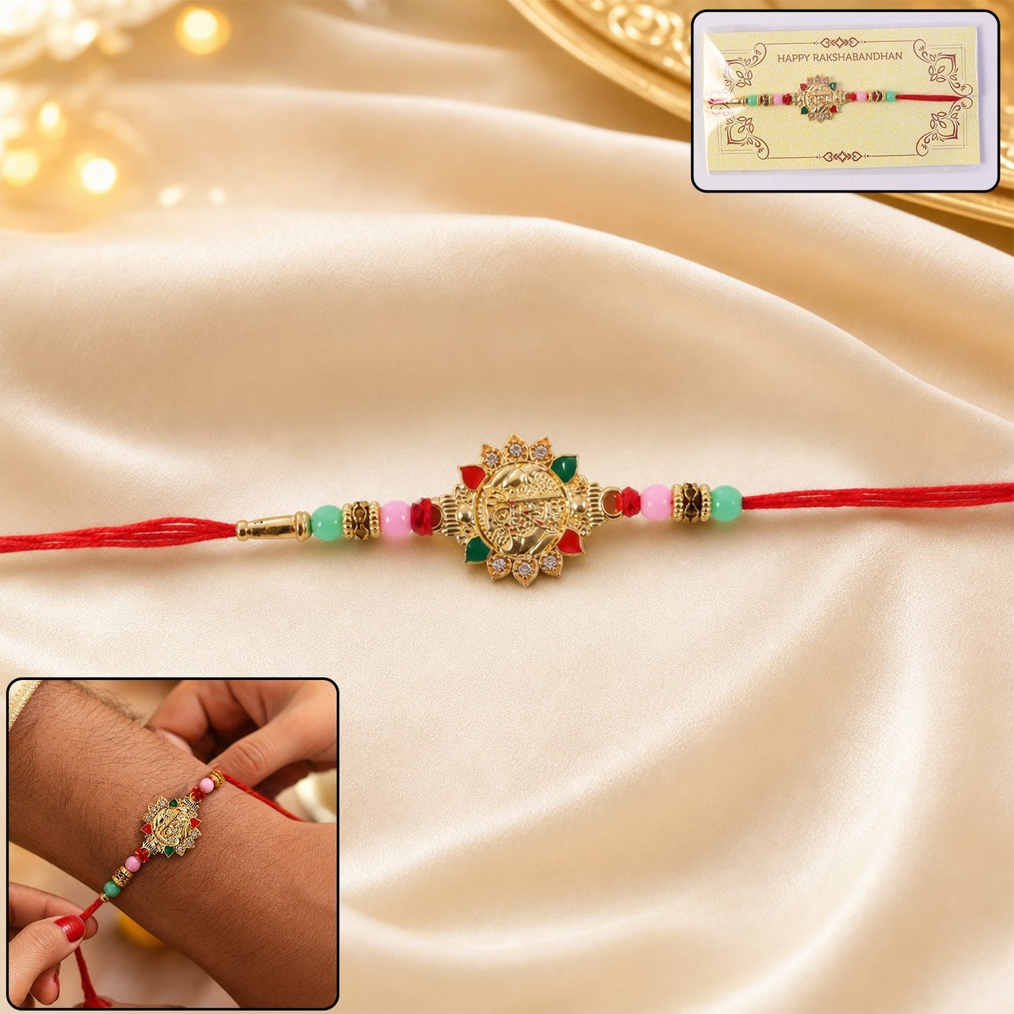 Close-up of Veera Charm Beaded Rakhi on white background