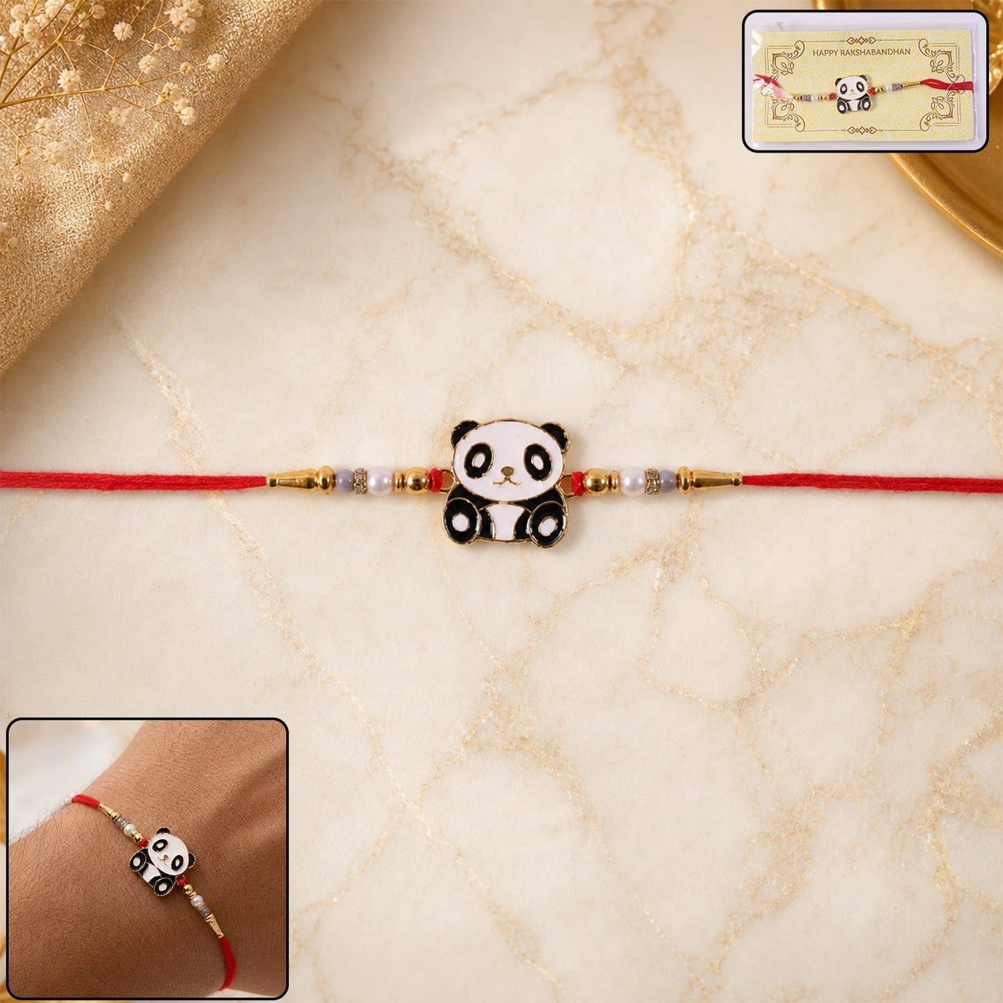 Cute panda kids rakhi with pearl beads, perfect for brothers