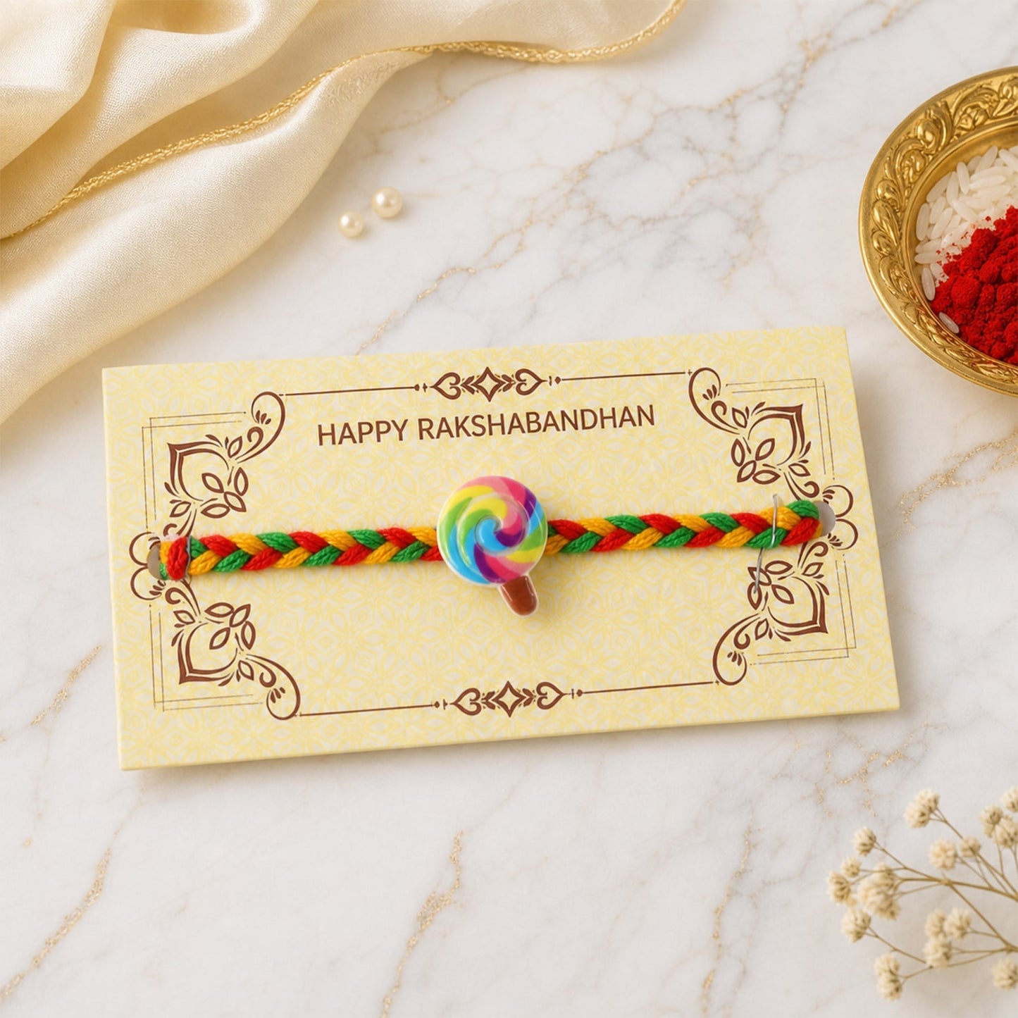 Braided thread rakhi with candy charm detail
