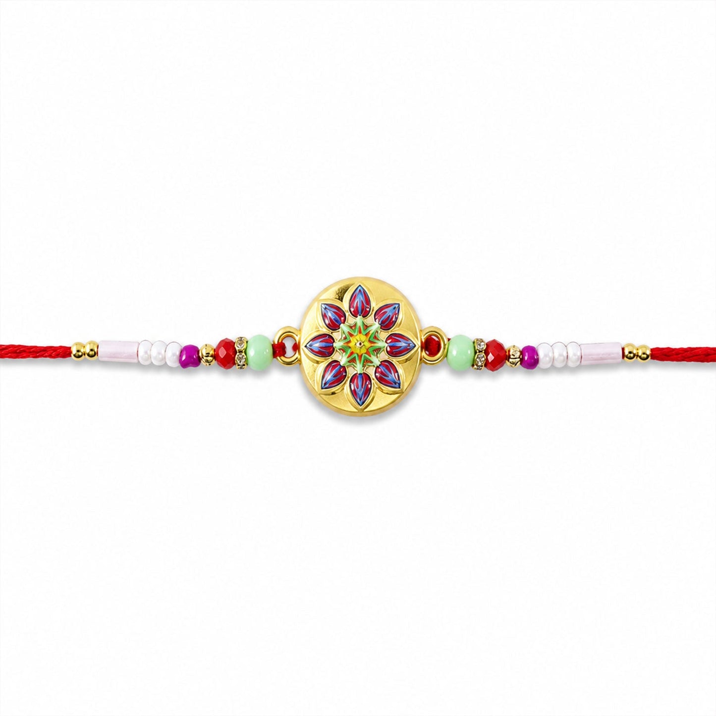 Rakhi laid out showing beads and golden meena work