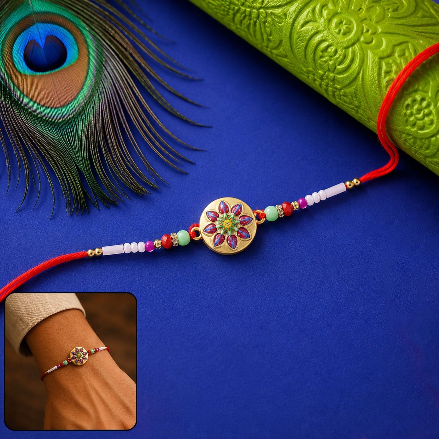 Front view of golden meena charm rakhi with beads and detailed design