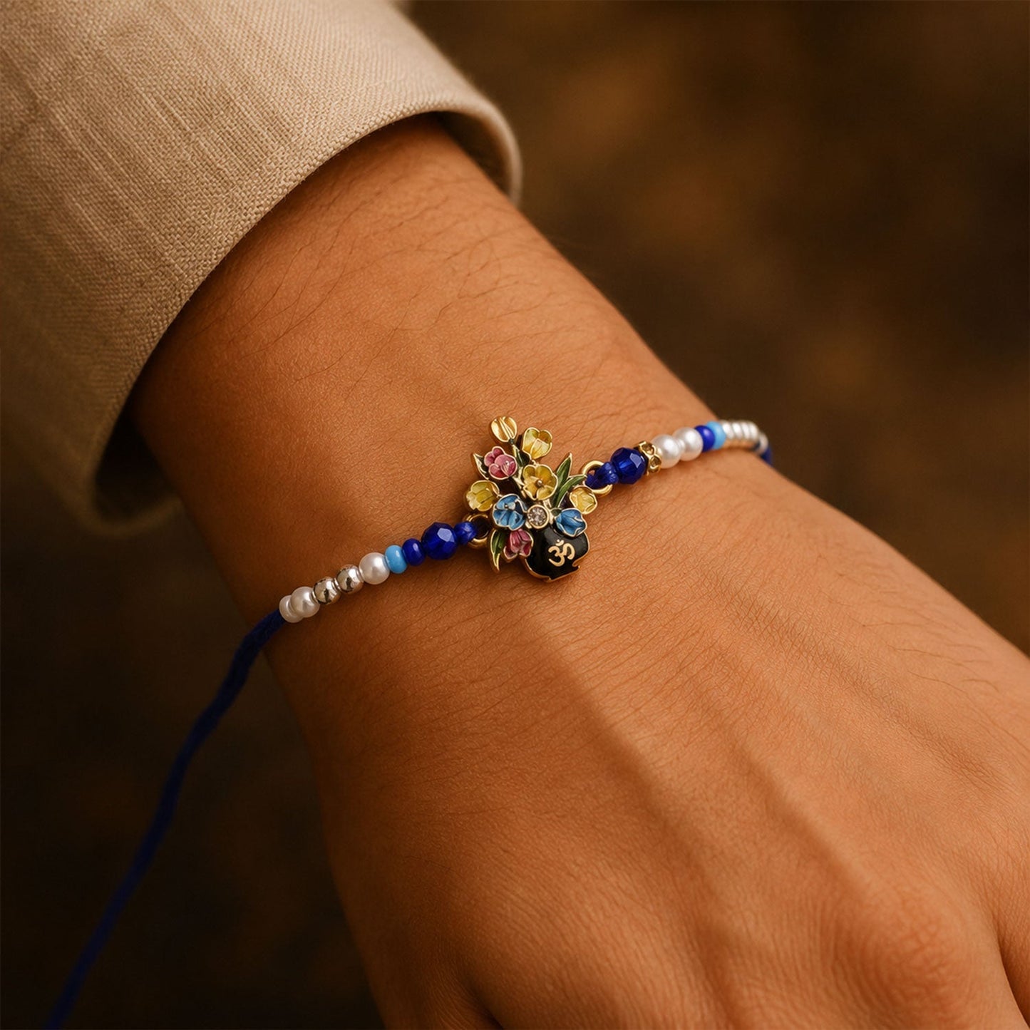 Stylish Rakhi tied on surface with thread