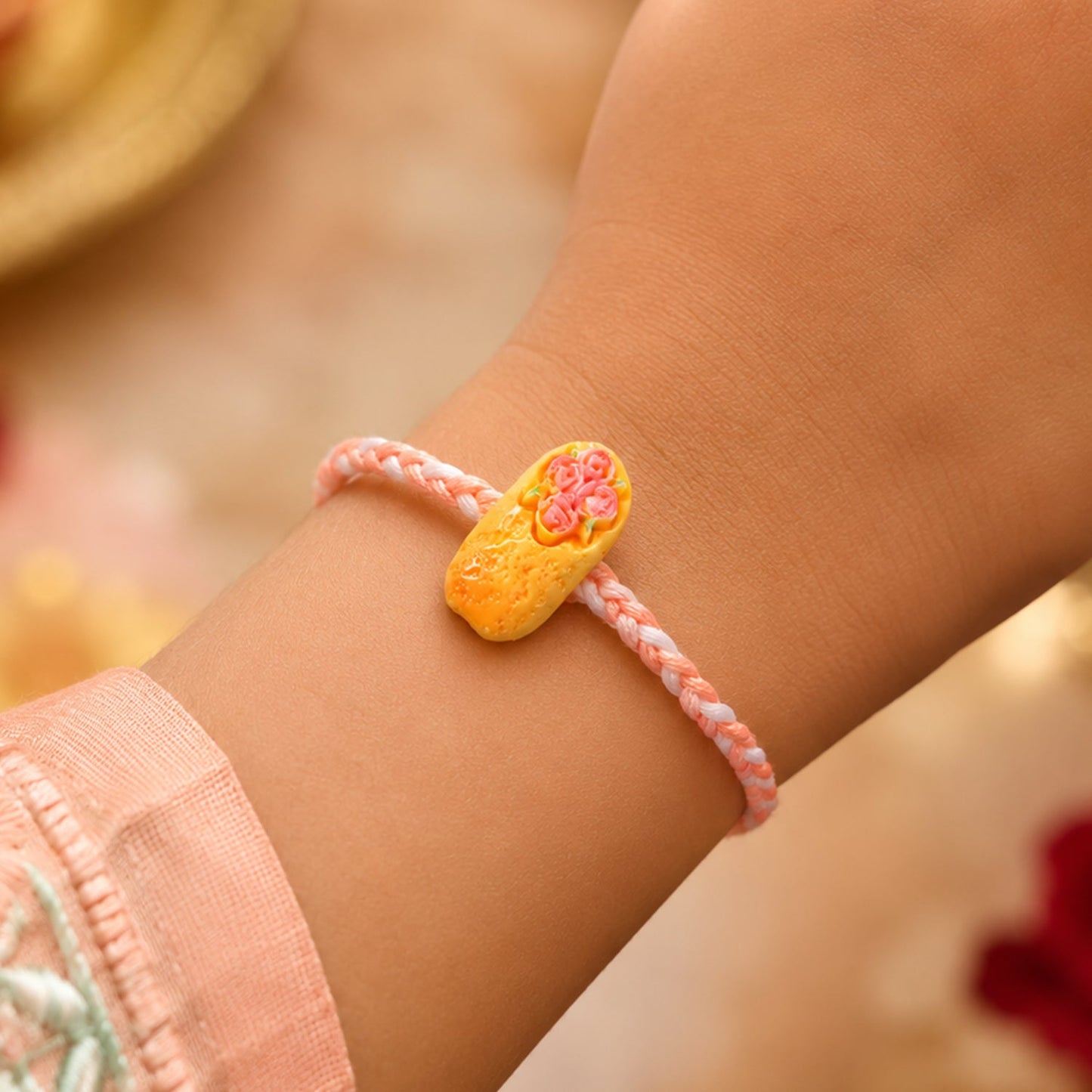 Close-up of the delightful cake charm on the braided Kids Rakhi.