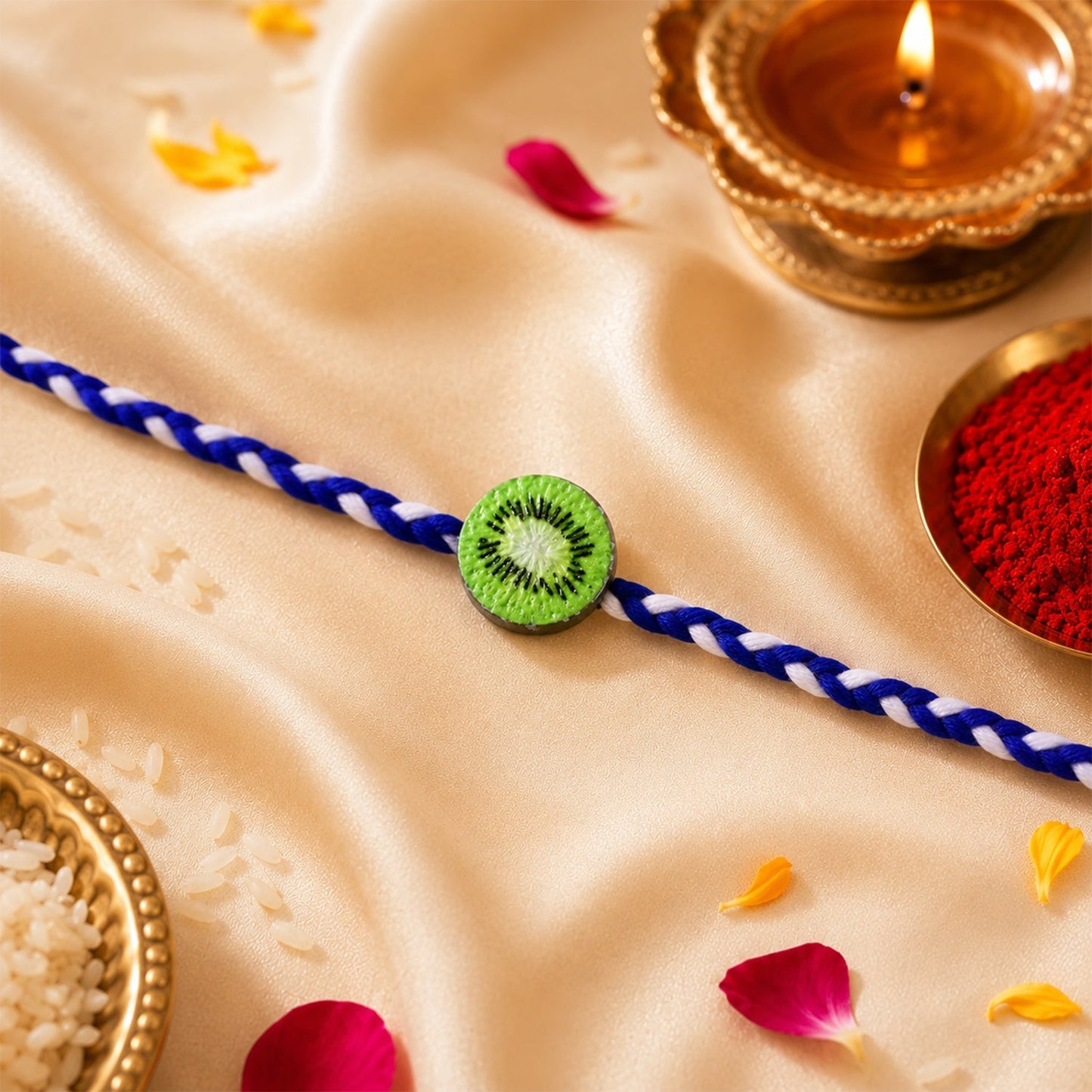Front view of stylish kiwi fruit rakhi for Raksha Bandhan celebration