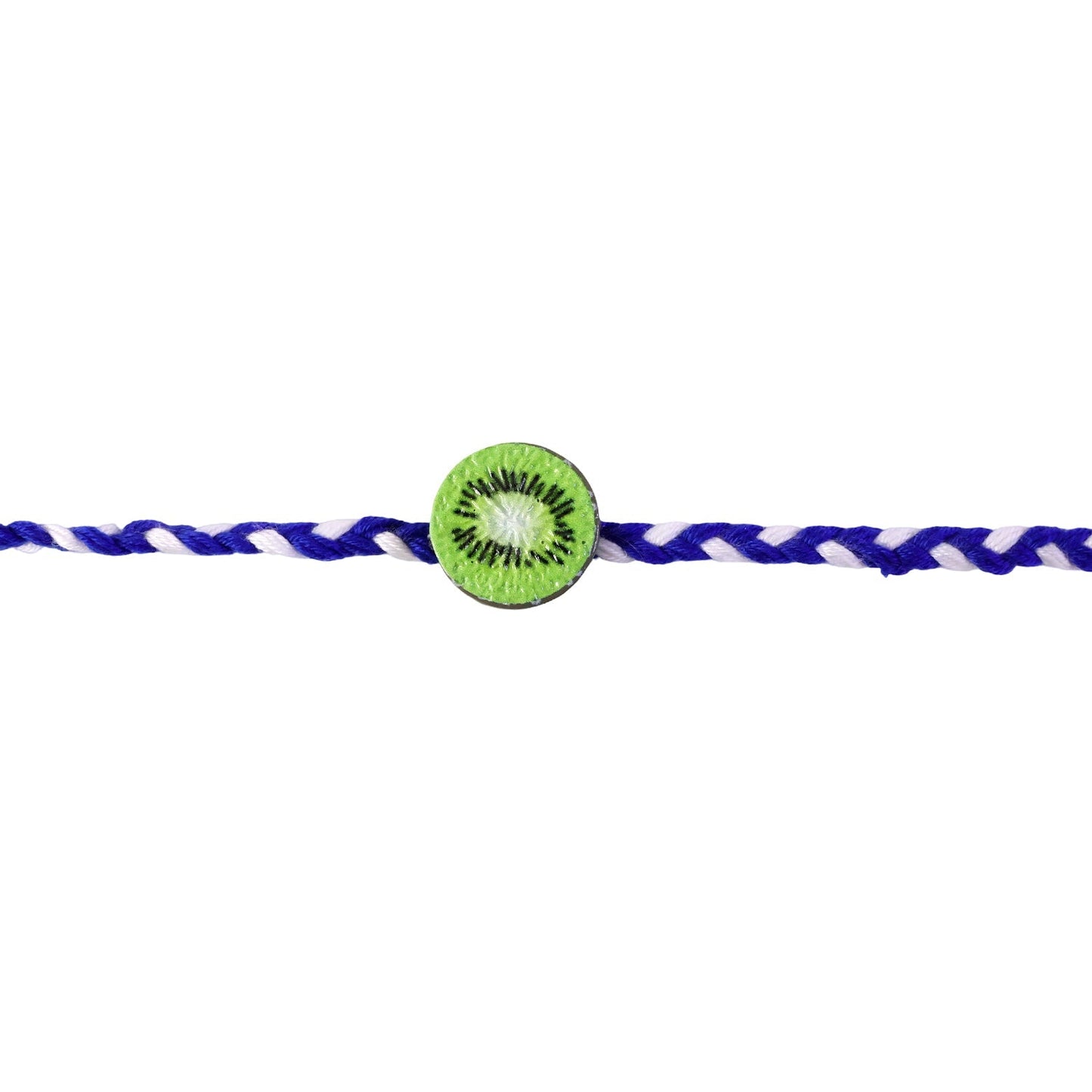 Decorative braided thread attached to kiwi charm rakhi for brothers