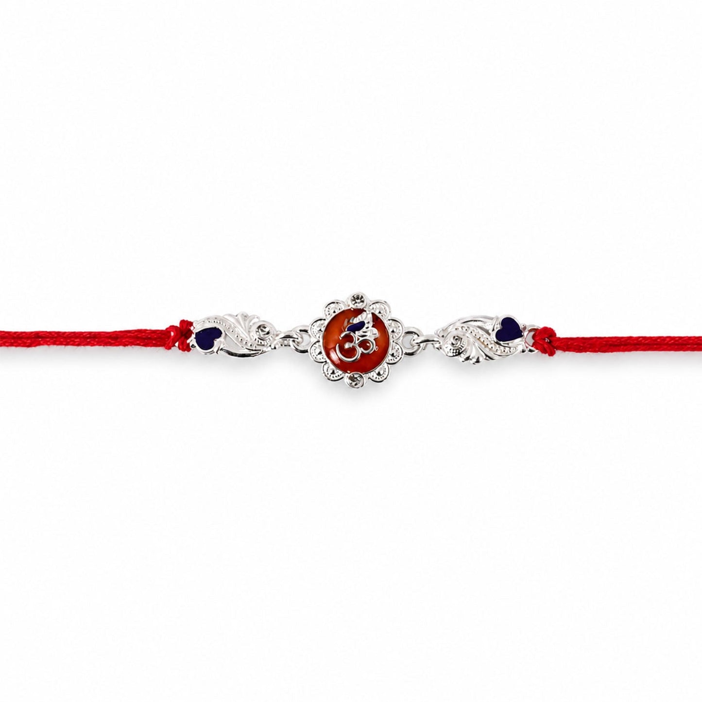Top view of silver Om floral charm rakhi with dori