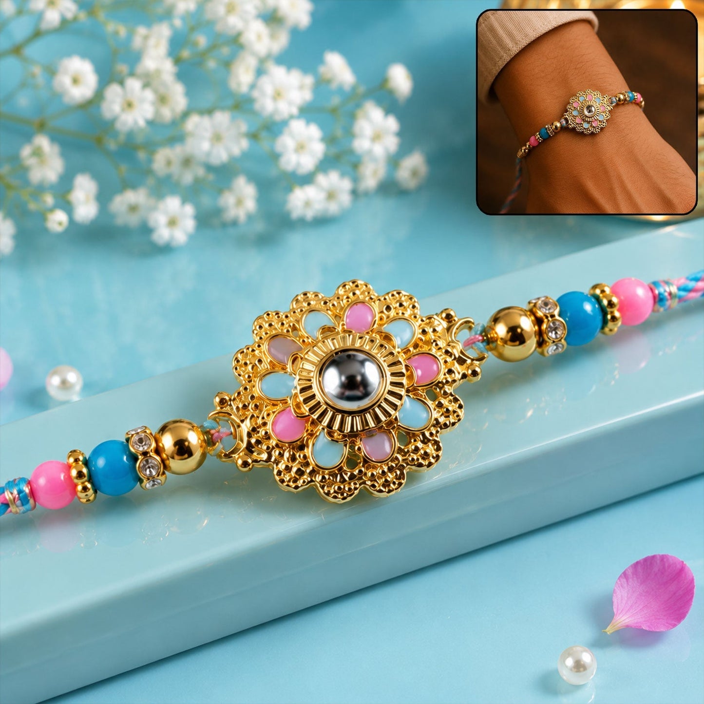 Designer floral kundan charm rakhi with beads front view