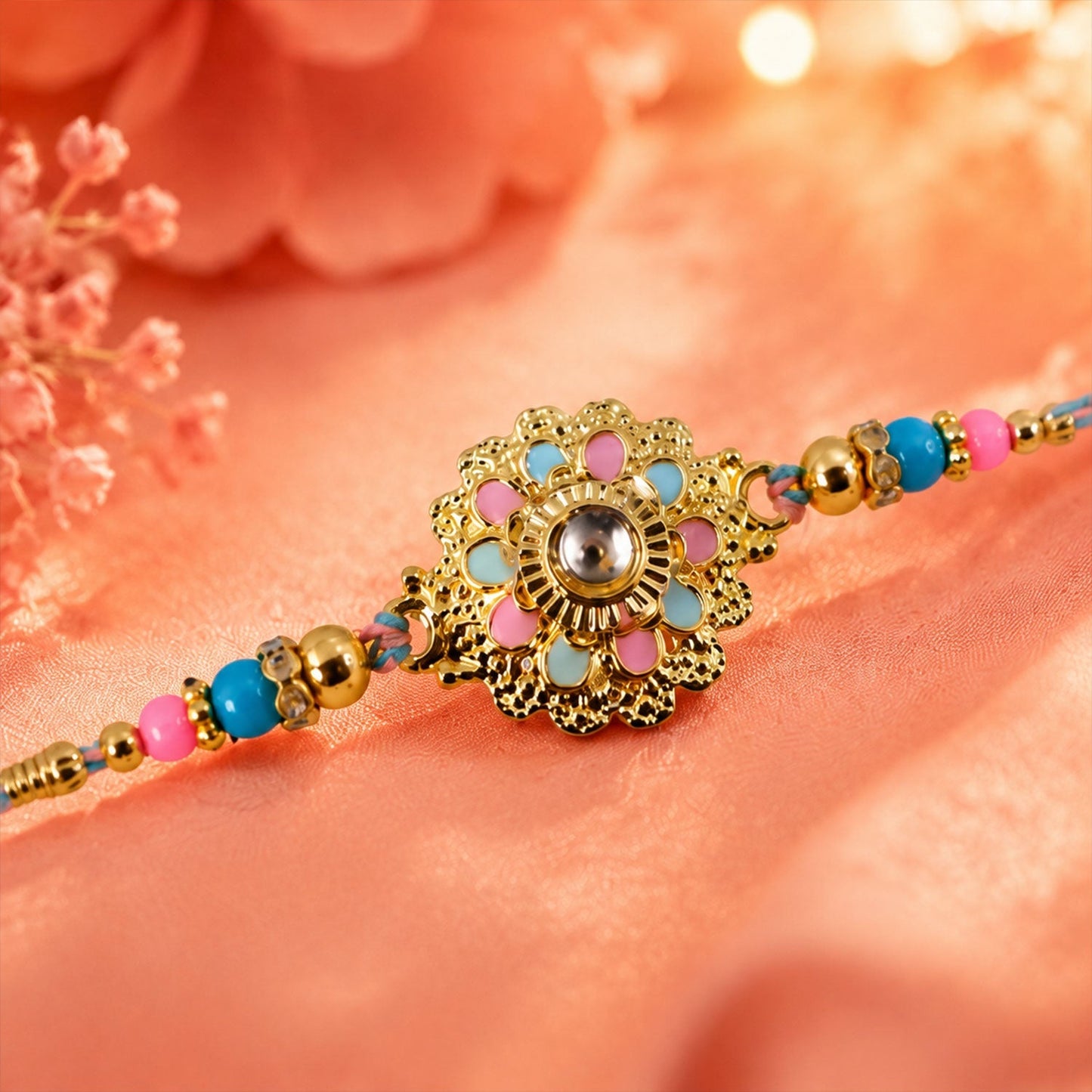 Floral kundan rakhi displayed on festive background