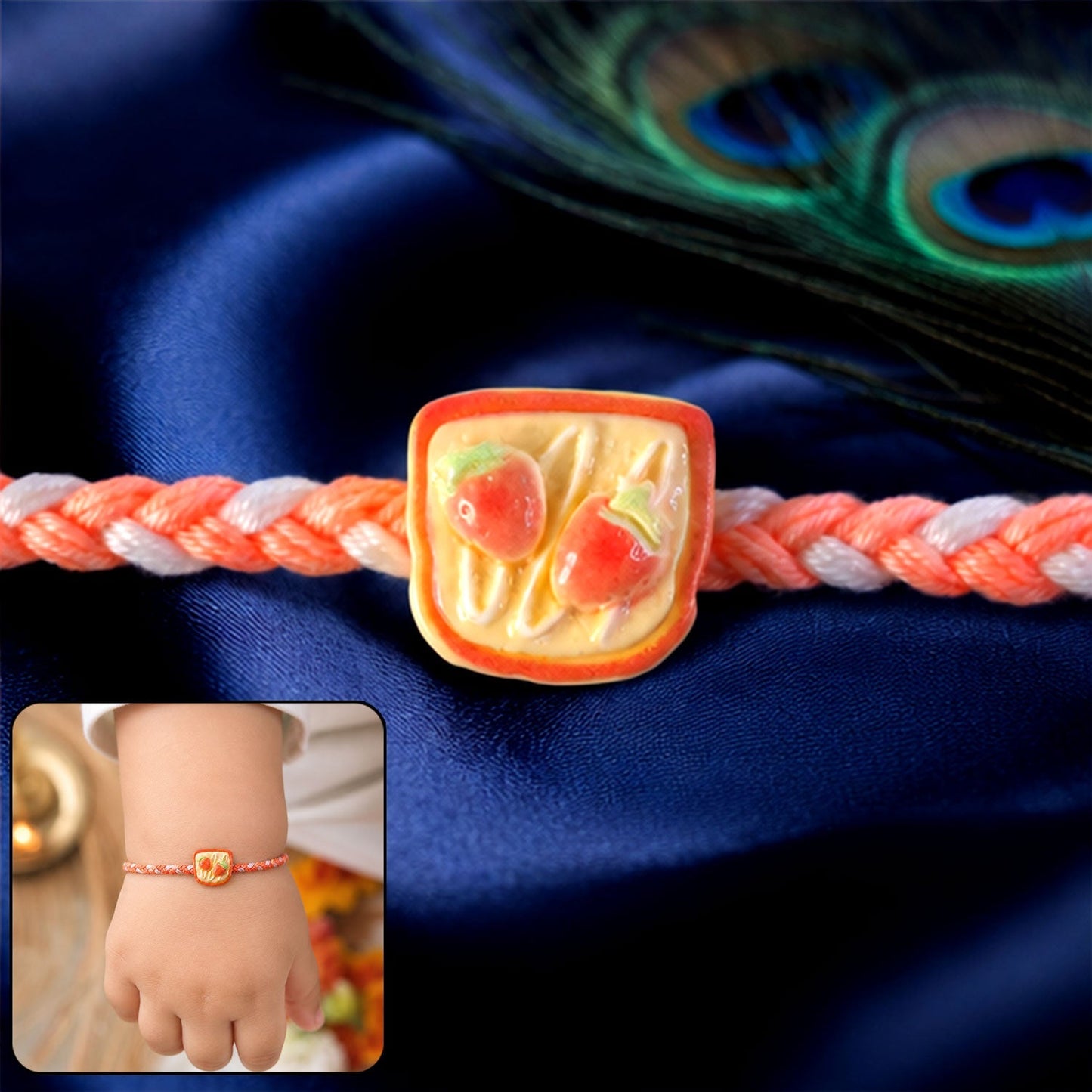 Cute Strawberry Toast Rakhi with braided thread for kids.